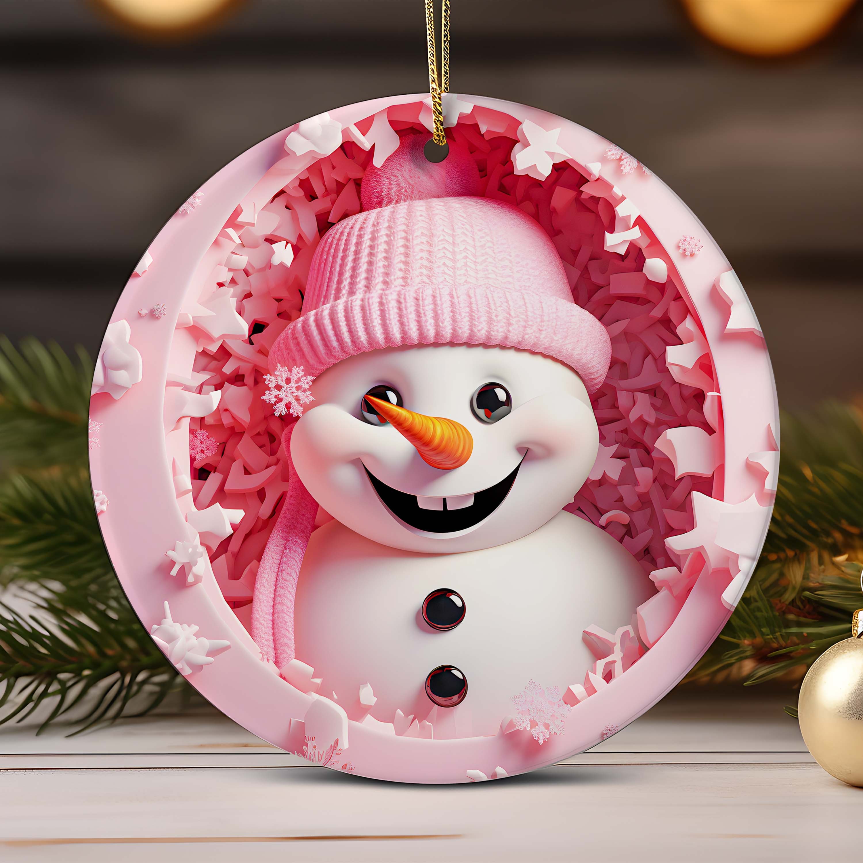 3D Snowman Christmas Ornament Bundle Sublimation , Christmas Round Ornament Snowman Hole In A Wall Ornament 