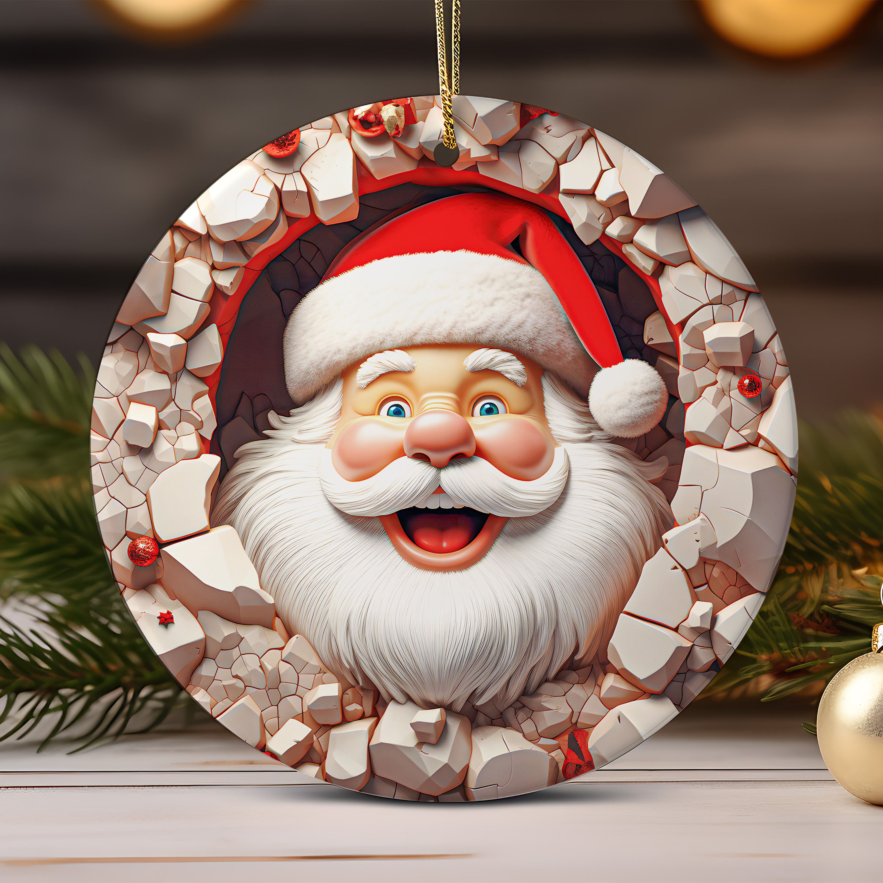 3D Santa Christmas Ornament Sublimation , Christmas Round Ornament Break Through Santa Claus Ornament