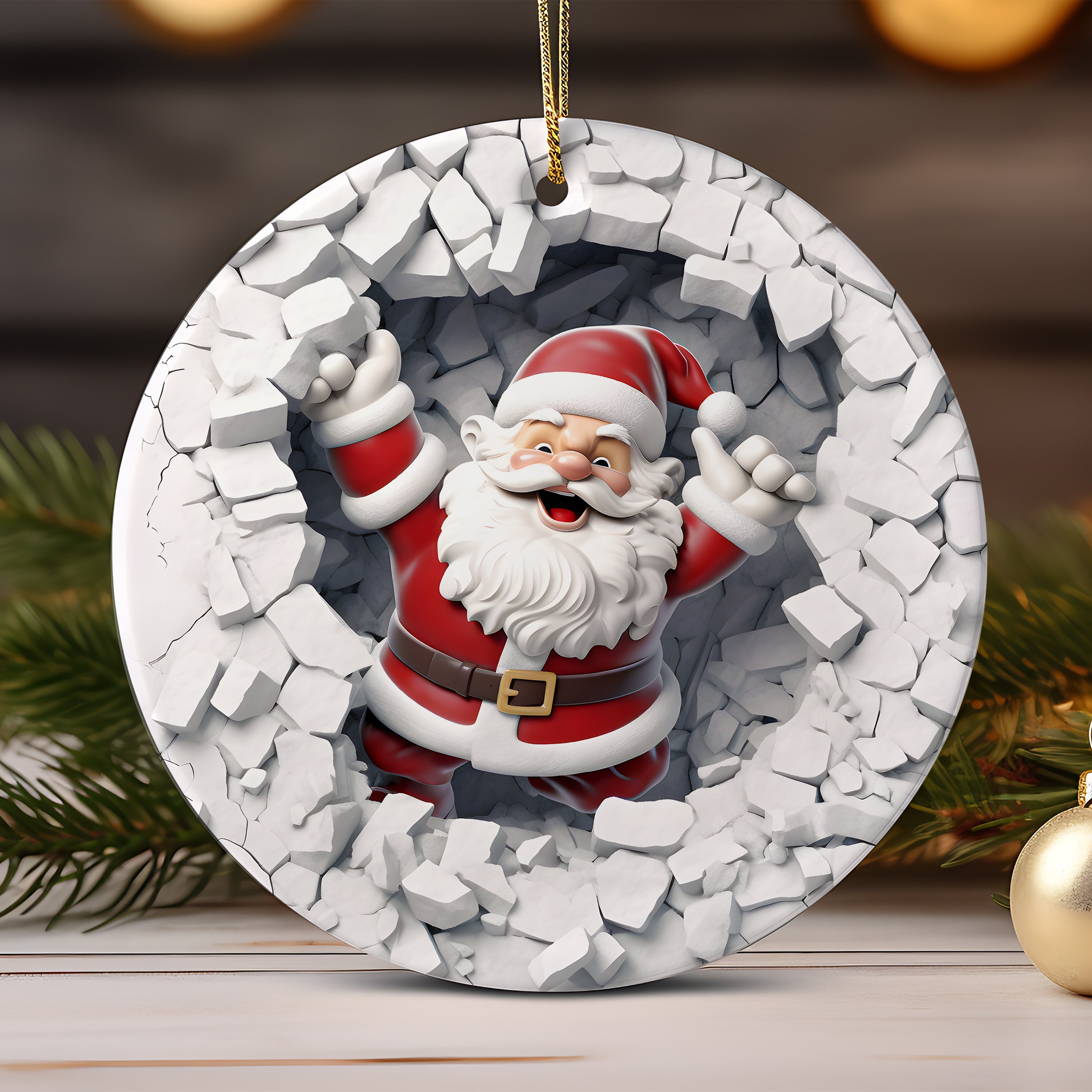 3D Santa Christmas Ornament Sublimation , Christmas Round Ornament Break Through Santa Claus Ornament 