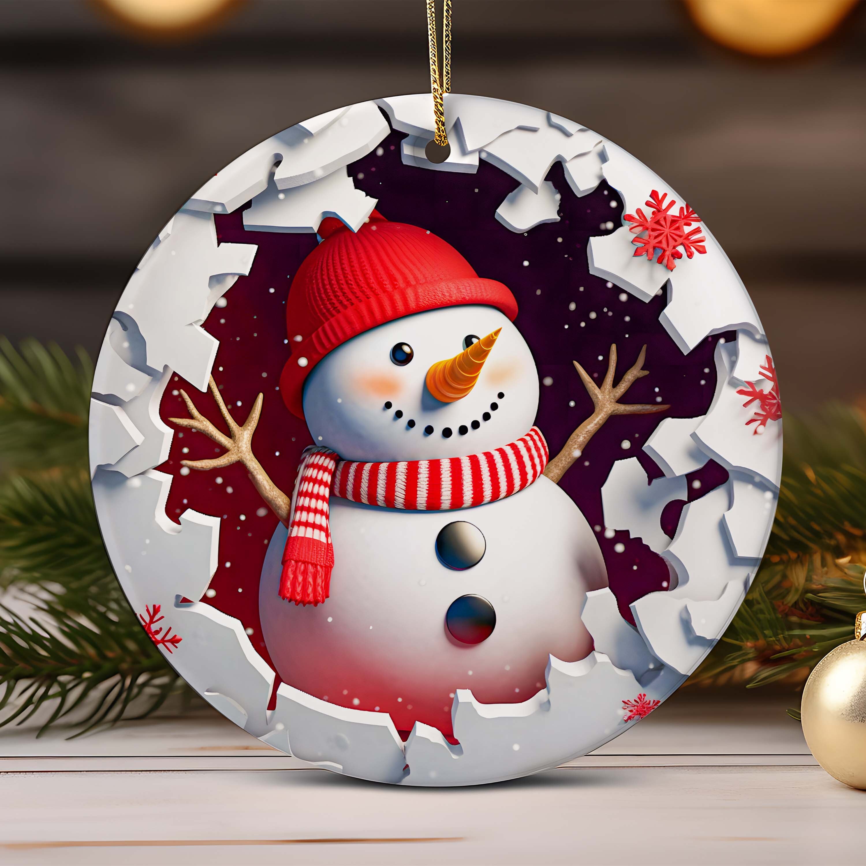 3D Snowman Christmas Ornament Bundle Sublimation , Christmas Round Ornament Snowman Hole In A Wall Ornament , 
