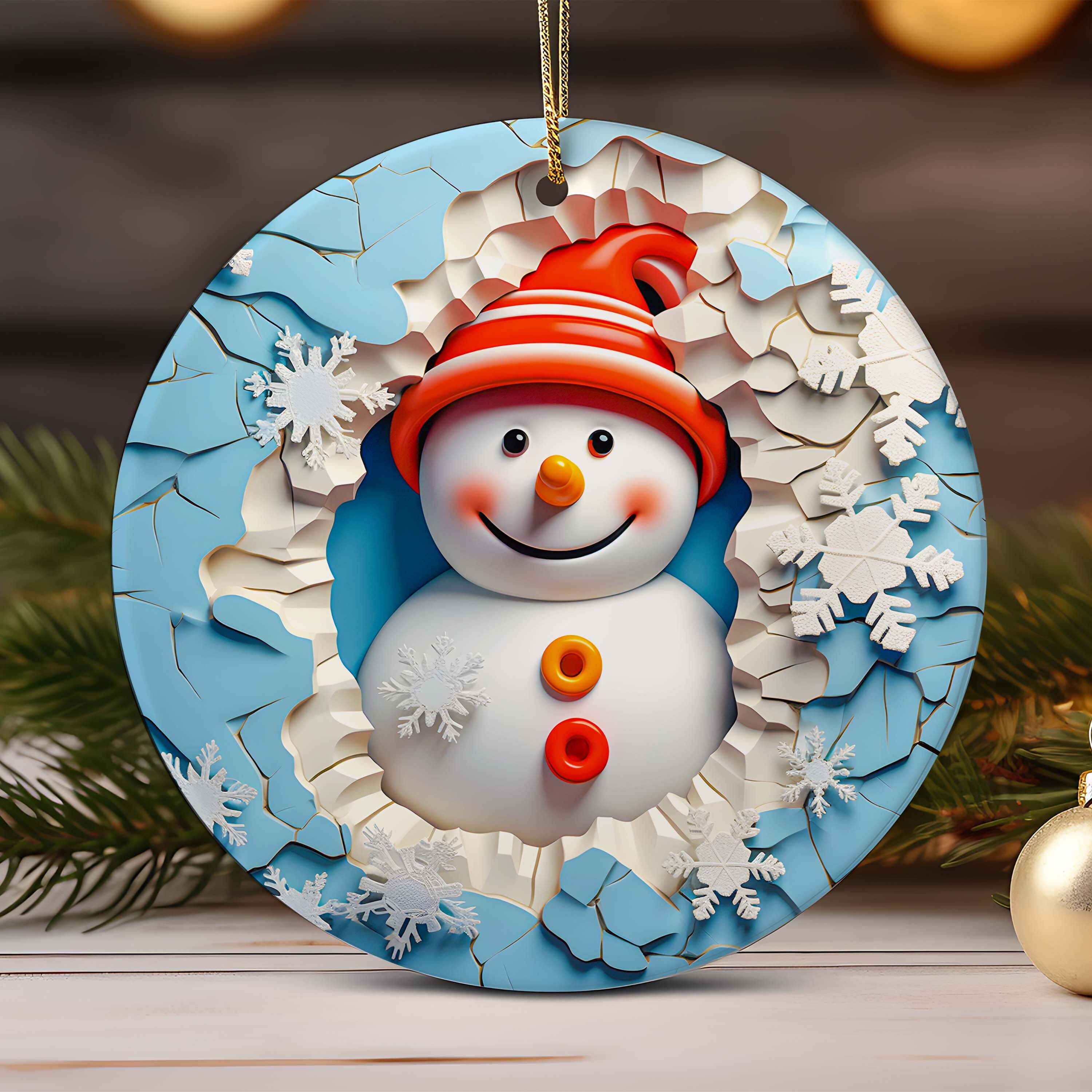 3D Snowman Christmas Ornament Bundle Sublimation , Christmas Round Ornament Snowman Hole In A Wall Ornament