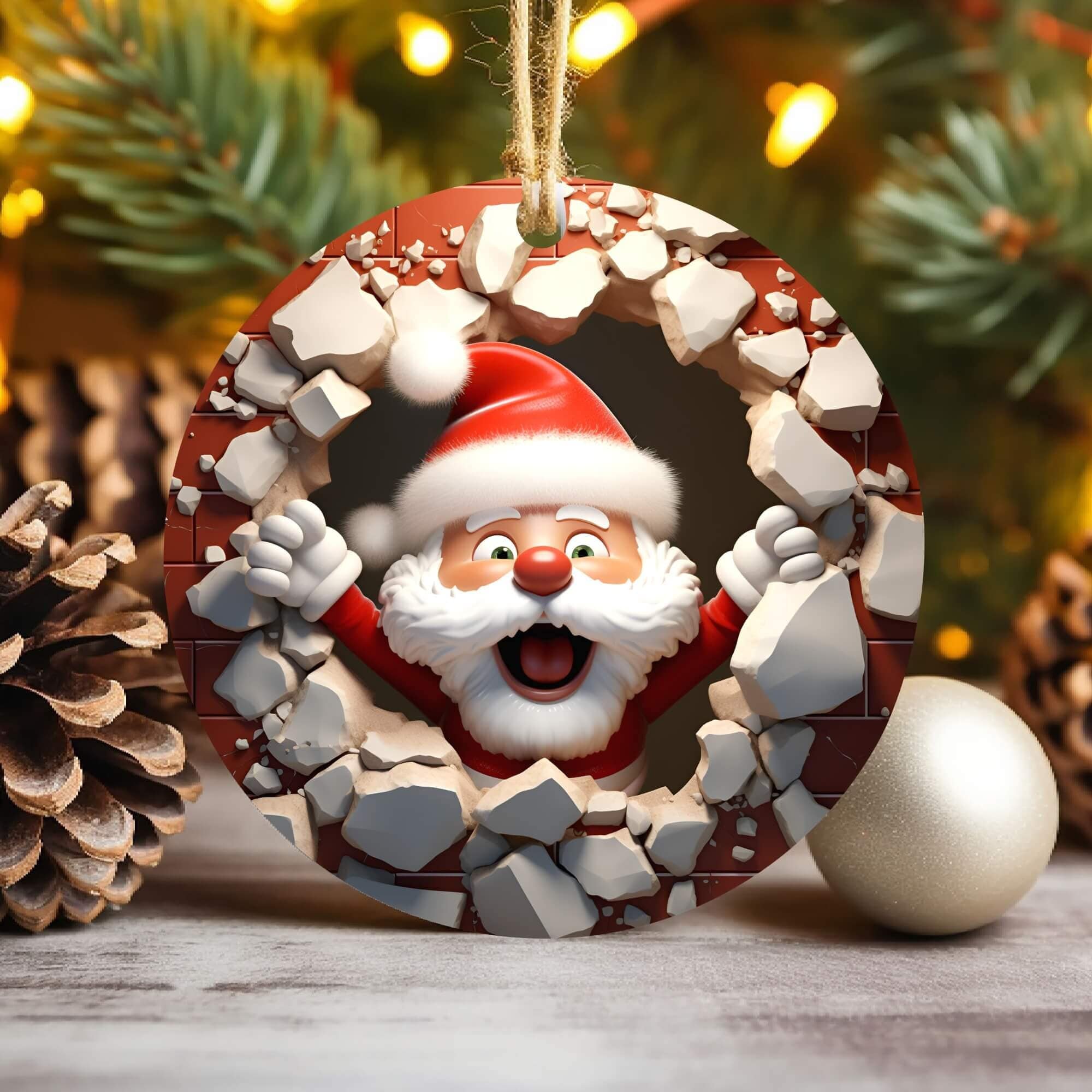 3D Santa Break Through Christmas Ornament Sublimation , 300 Dpi , Round Ornament File, Xmas Decoration.