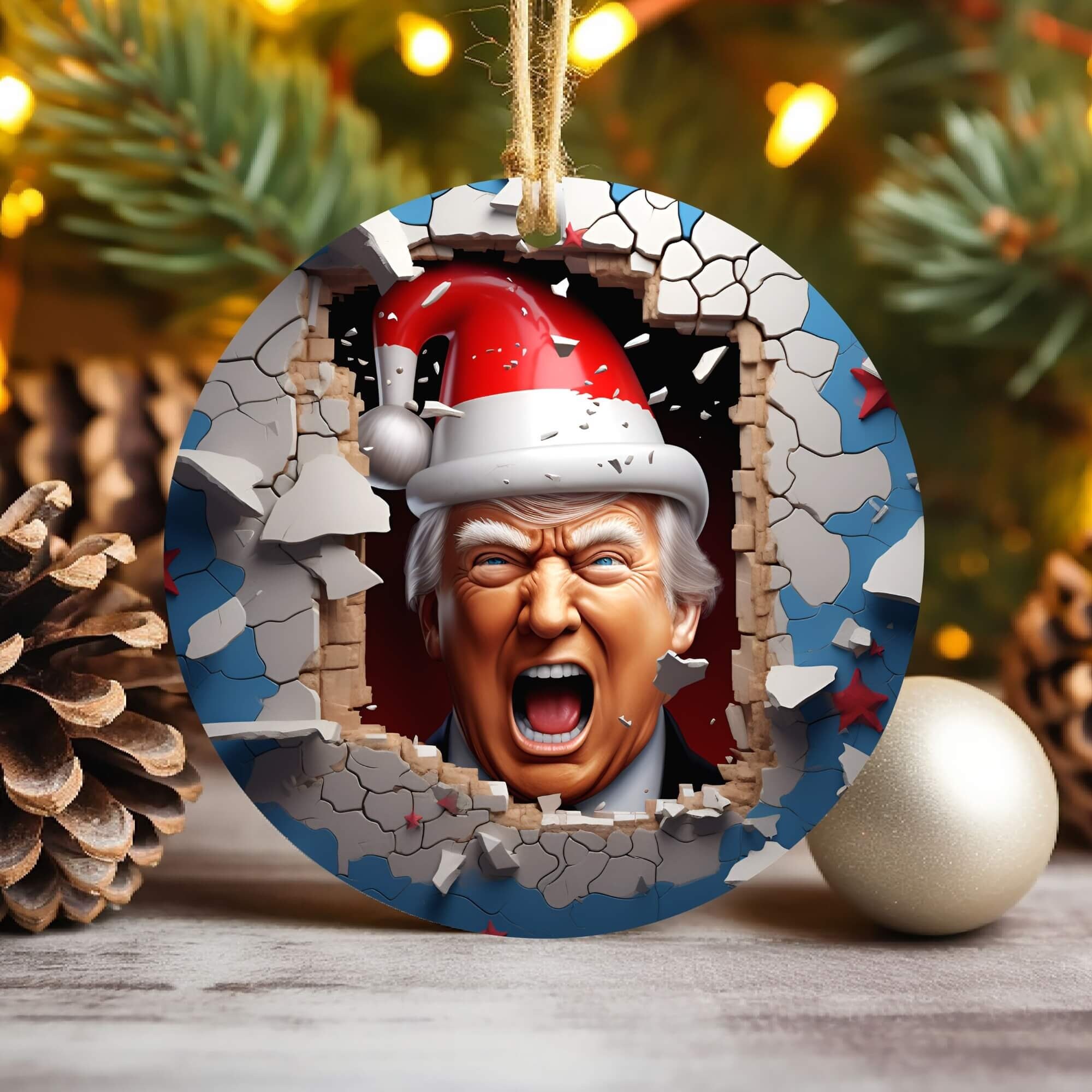 3D Santa Trump Christmas Ornament Sublimation , Break Through Design Round Ornament , Diy Xmas Ornament 