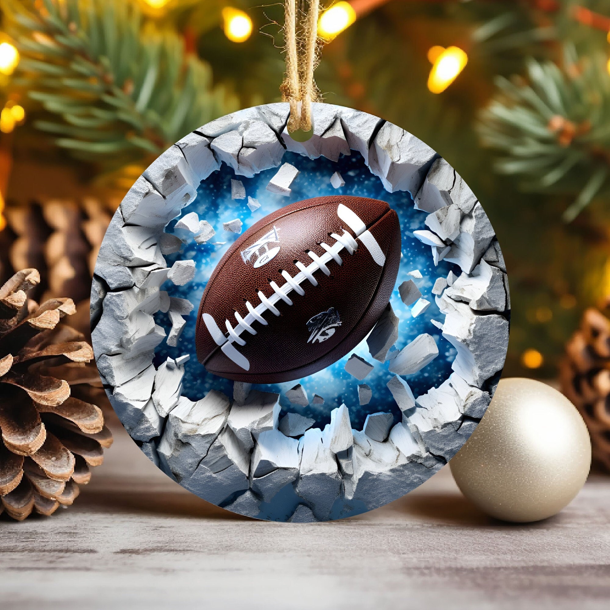 3D American Football Break Through Christmas Ornament Sublimation , 300 Dpi, Round Sport Ornament, Xmas Tree Decoration, 