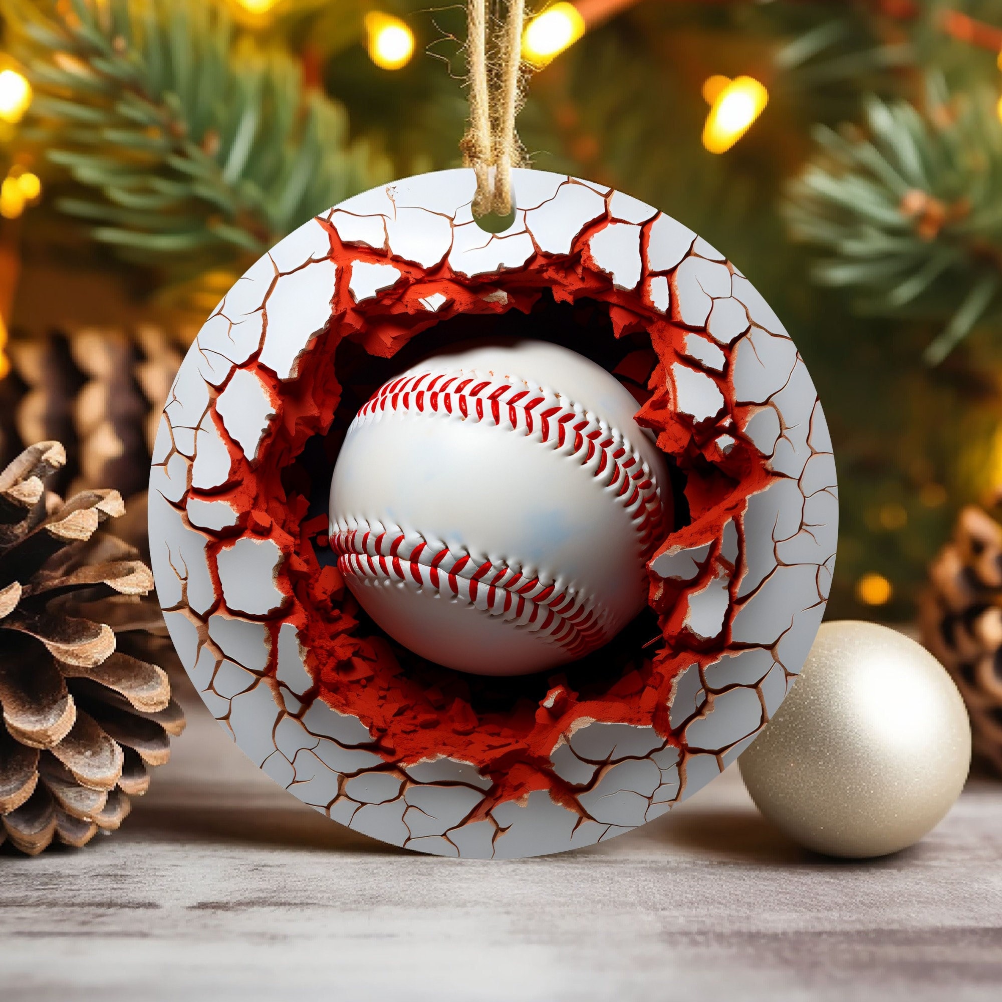 3D Baseball Break Through Christmas Ornament Sublimation , 300 Dpi, Round Sports Ornament, Xmas Tree Decoration 