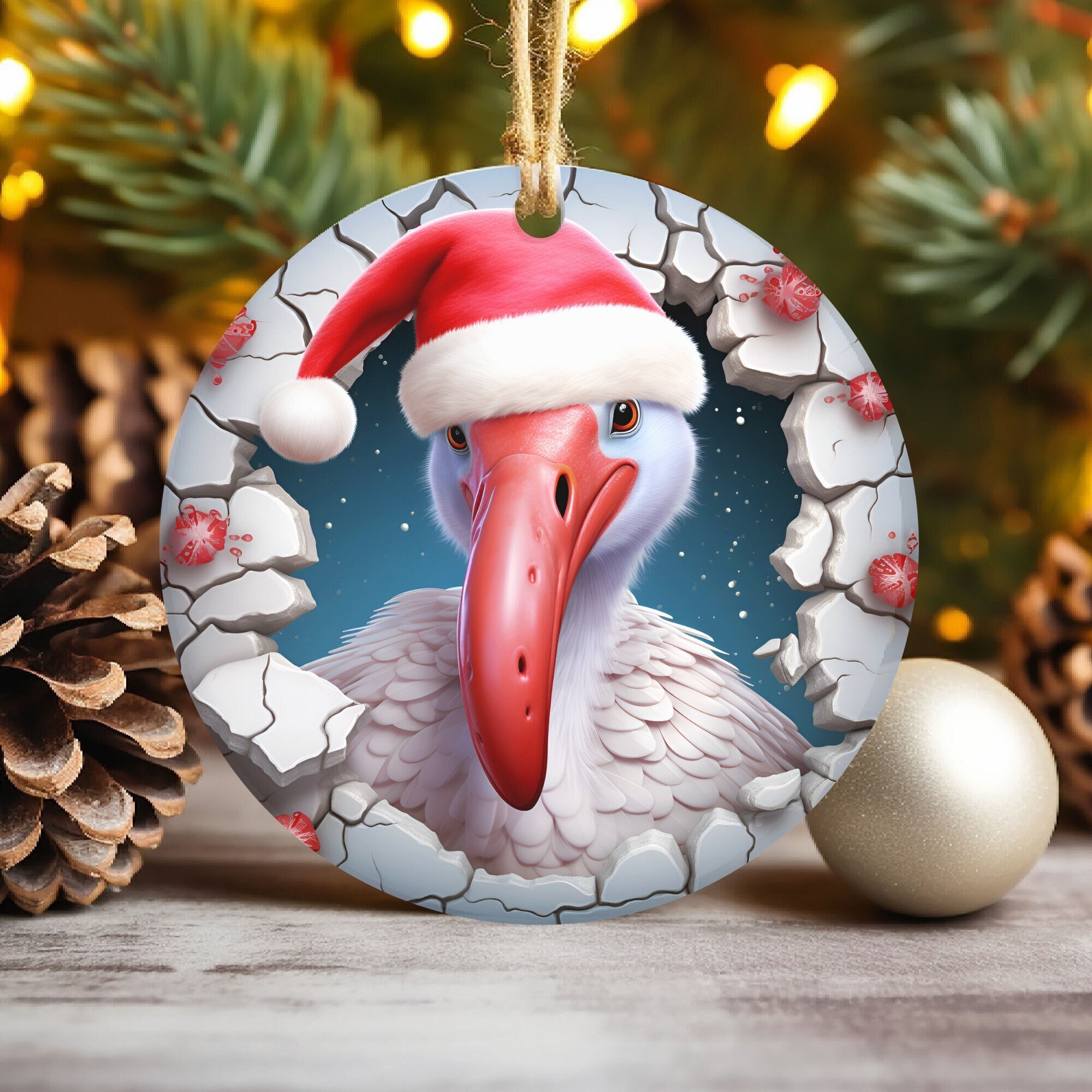 3D Flamingo Break Through Christmas Ornament Sublimation , 300 Dpi, Round Bird Ornament, Xmas Decorations 