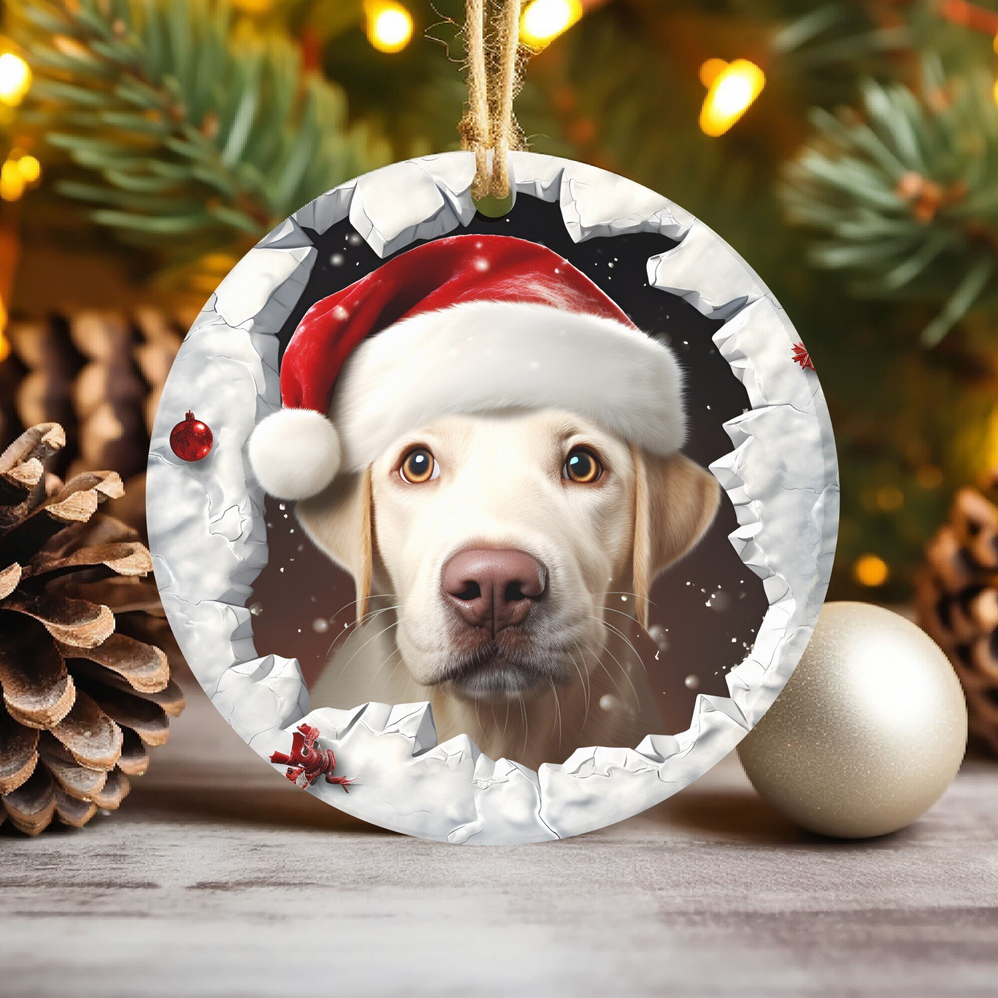 3D Labrador Dog Break Through Christmas Ornament Sublimation  , Round Animal Ornaments, Xmas Tree Decorations