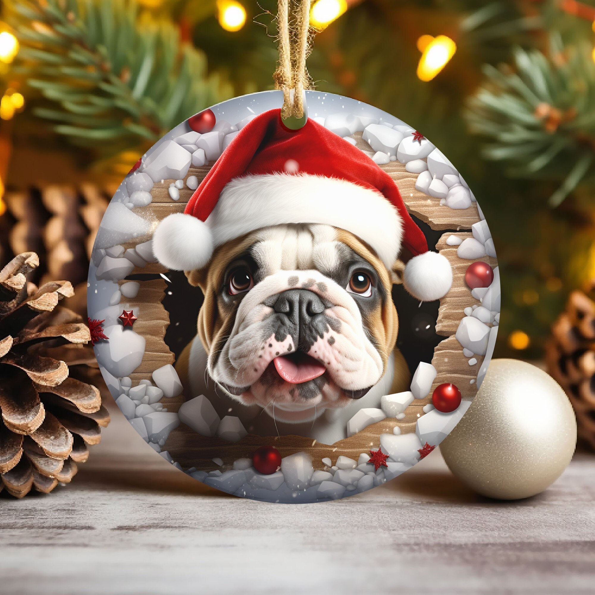 3D Pug Dog Break Through Christmas Ornament Sublimation  , Round Animal Ornaments File, Xmas Tree Decorations