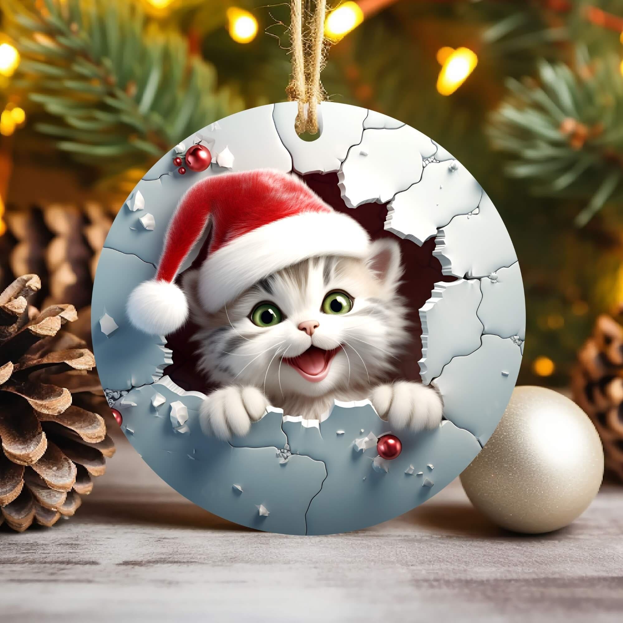 3D Cat Break Through Christmas Ornament Sublimation , 300 Dpi , Round Ornaments File, Xmas Decorations 2024