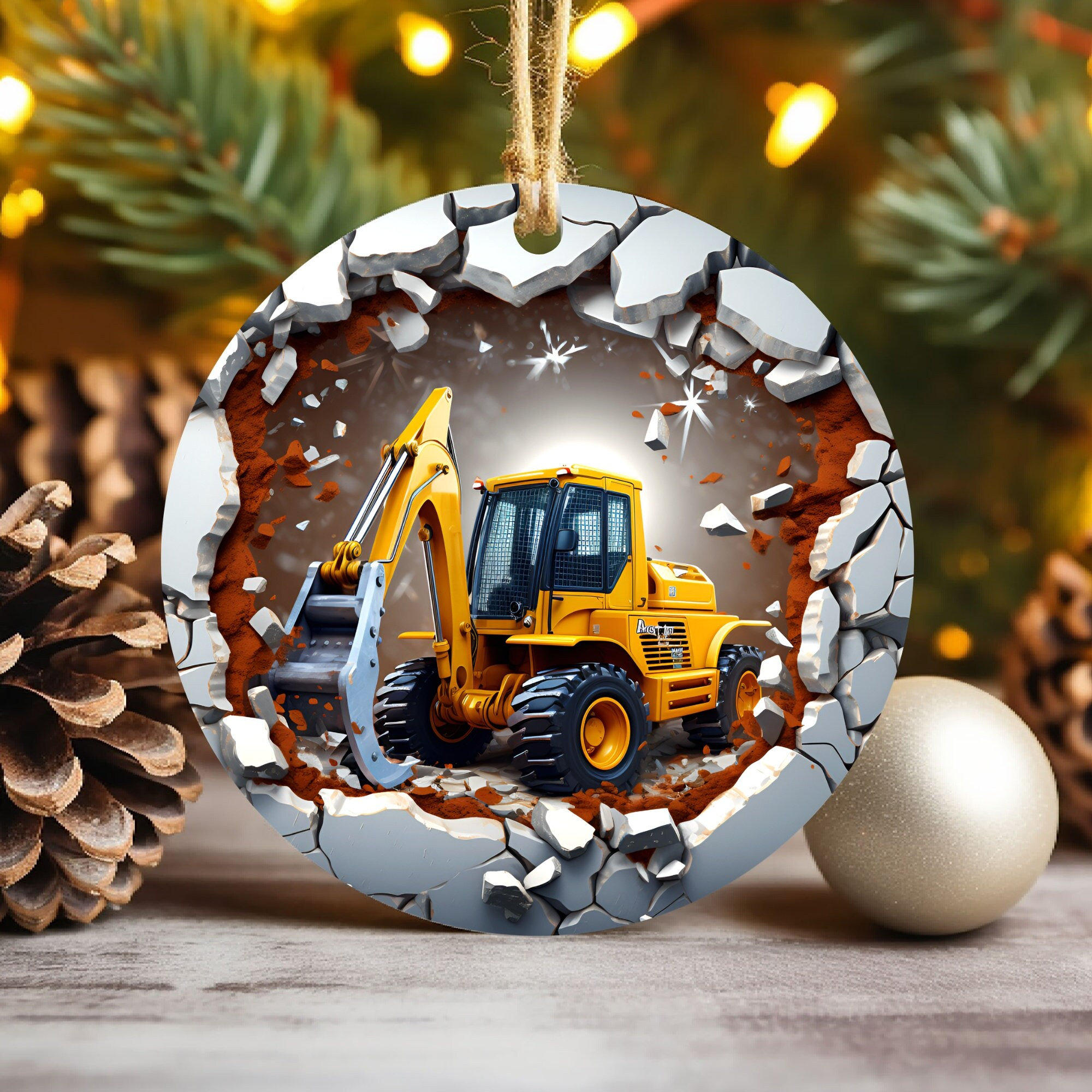 3D Excavator Ornament Sublimation , 300 Dpi, Christmas Break Through, Round Ornaments Design, Diy Xmas Decorations Download File