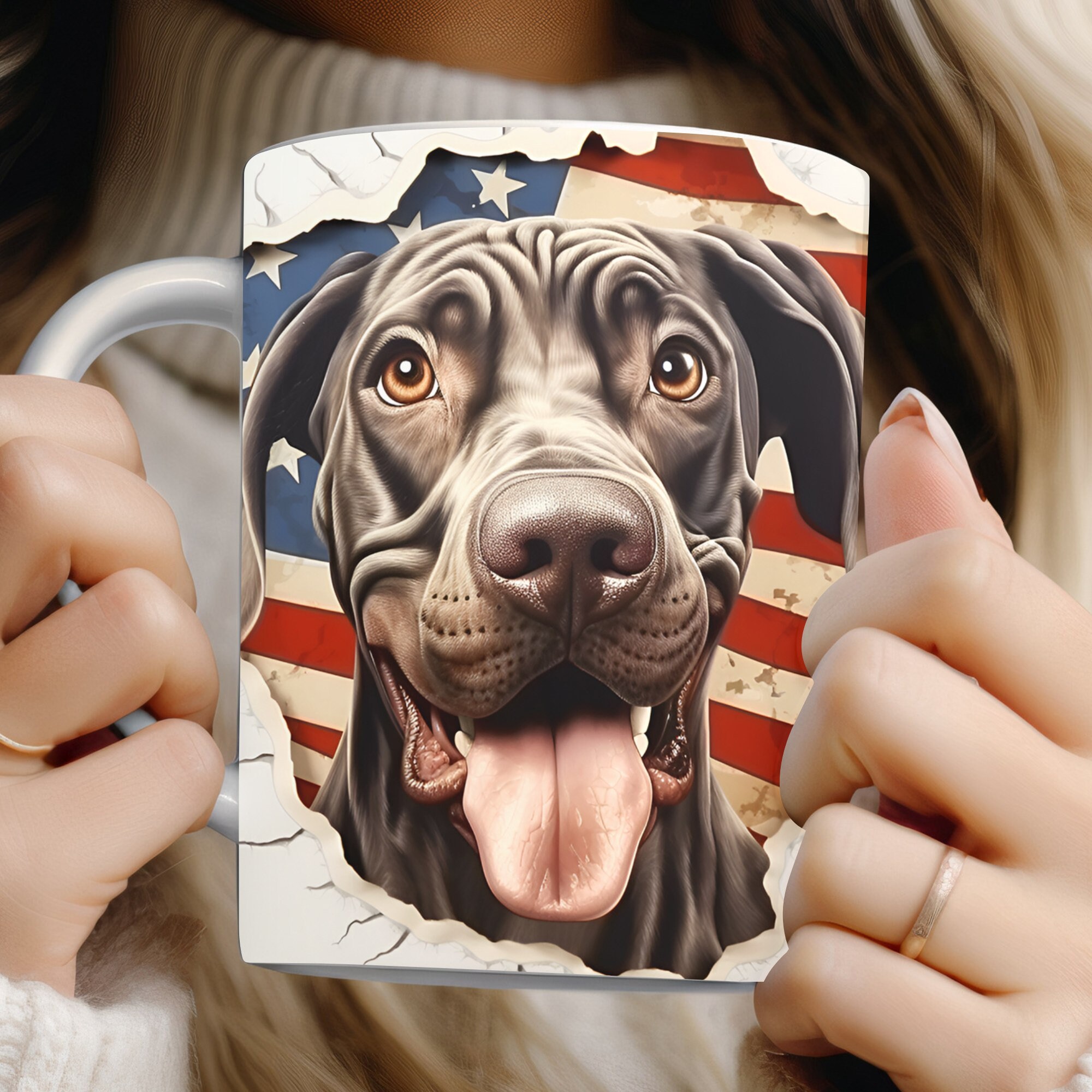 3D Great Dane Dog Mug Wrap Hole In Wall, 3D Animal Flag Sublimation Mug  For 11Oz & 15Oz Mug  Instant 