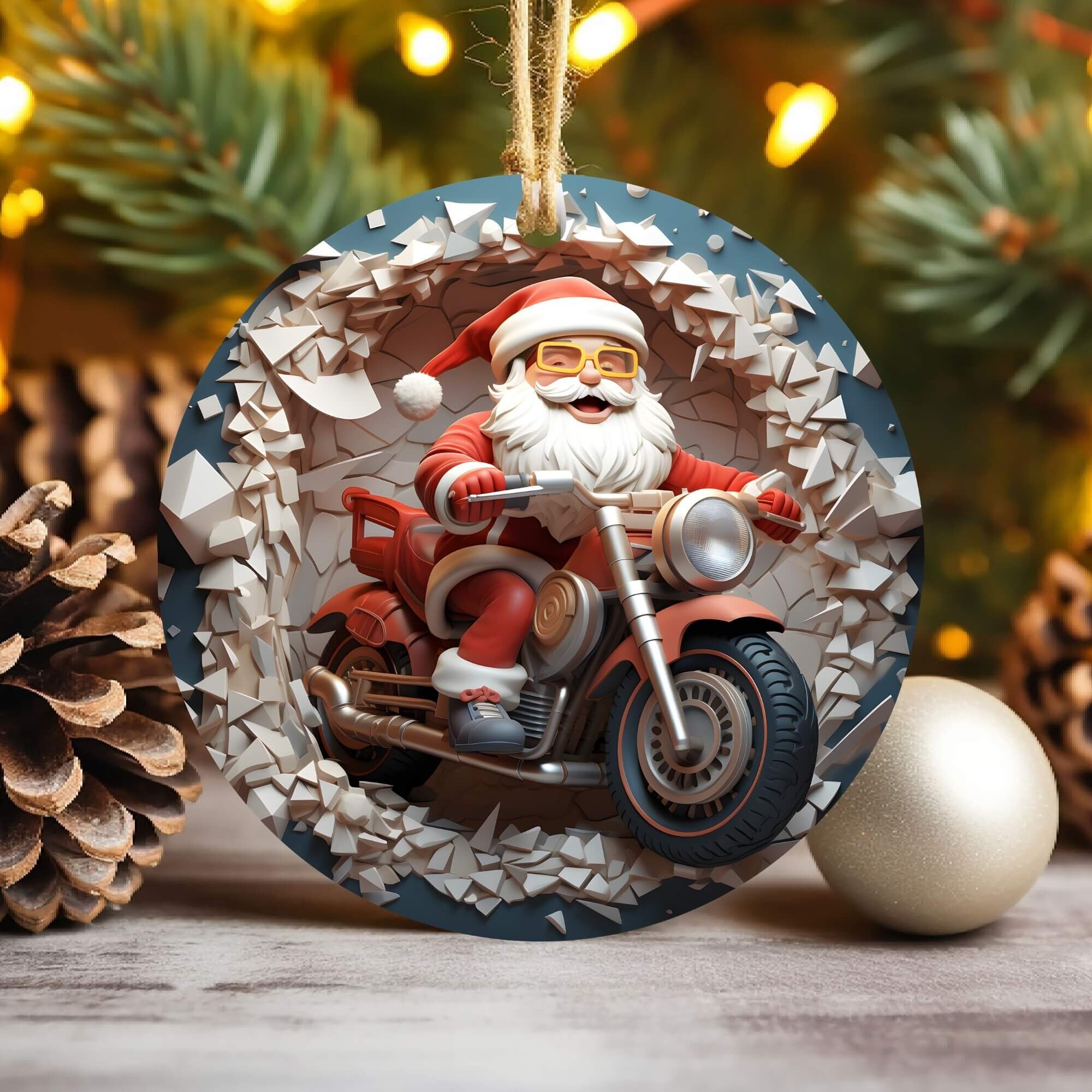 3D Santa Motorbike Break Through Christmas Ornament Sublimation , 300 Dpi , Round Ornament File, Xmas Decoration