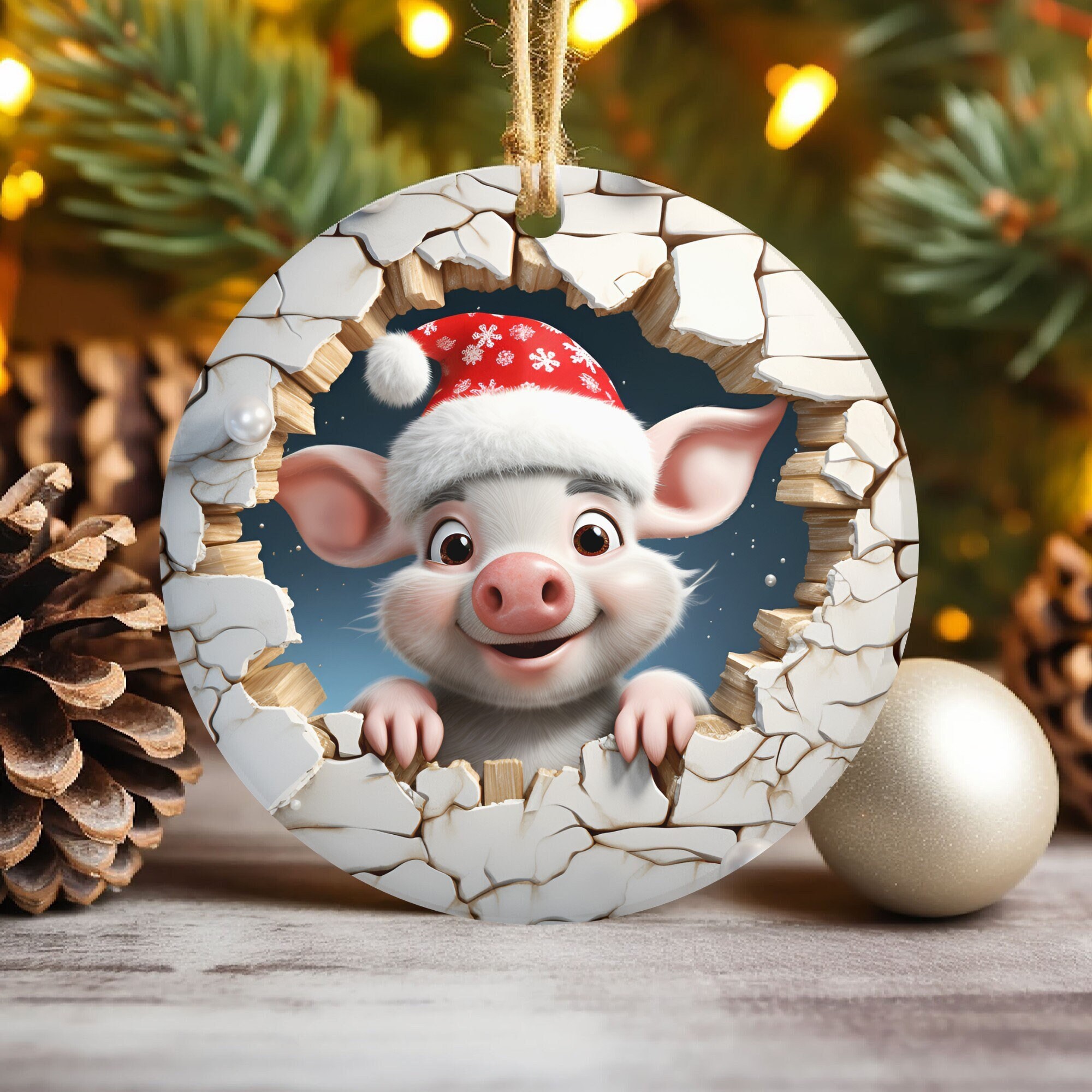 3D Pig Christmas Breakthrough Animal Ornament Sublimation, Christmas Animals Tree Decor 