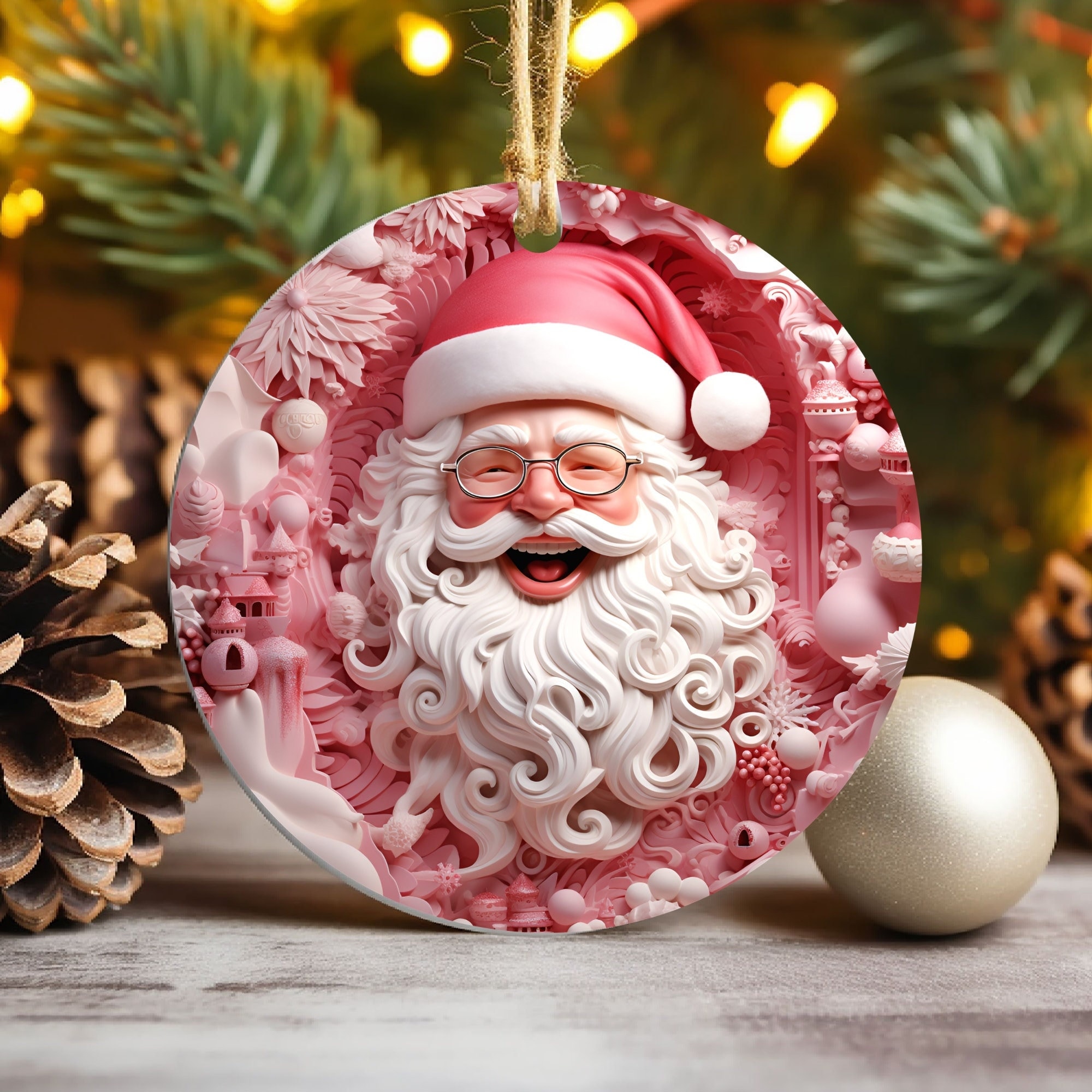 3D Pink Santa Claus Christmas Ornament Sublimation , 300 Dpi , Round Ornaments File, Xmas Tree Decorations 