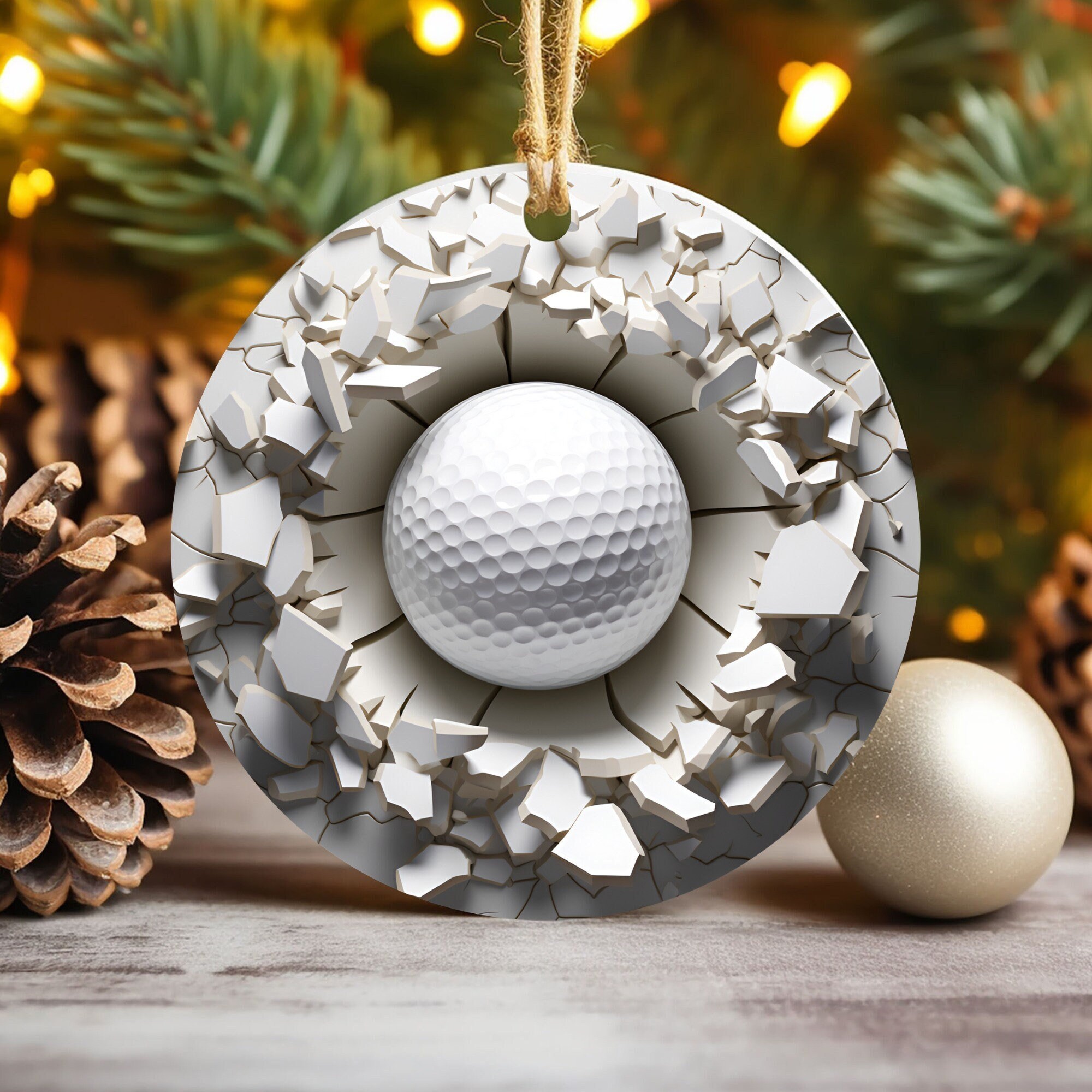 3D Golf Ball Break Through Christmas Ornament Sublimation , 300 Dpi,  Round Sport Ornaments, Football Xmas Decoration, 