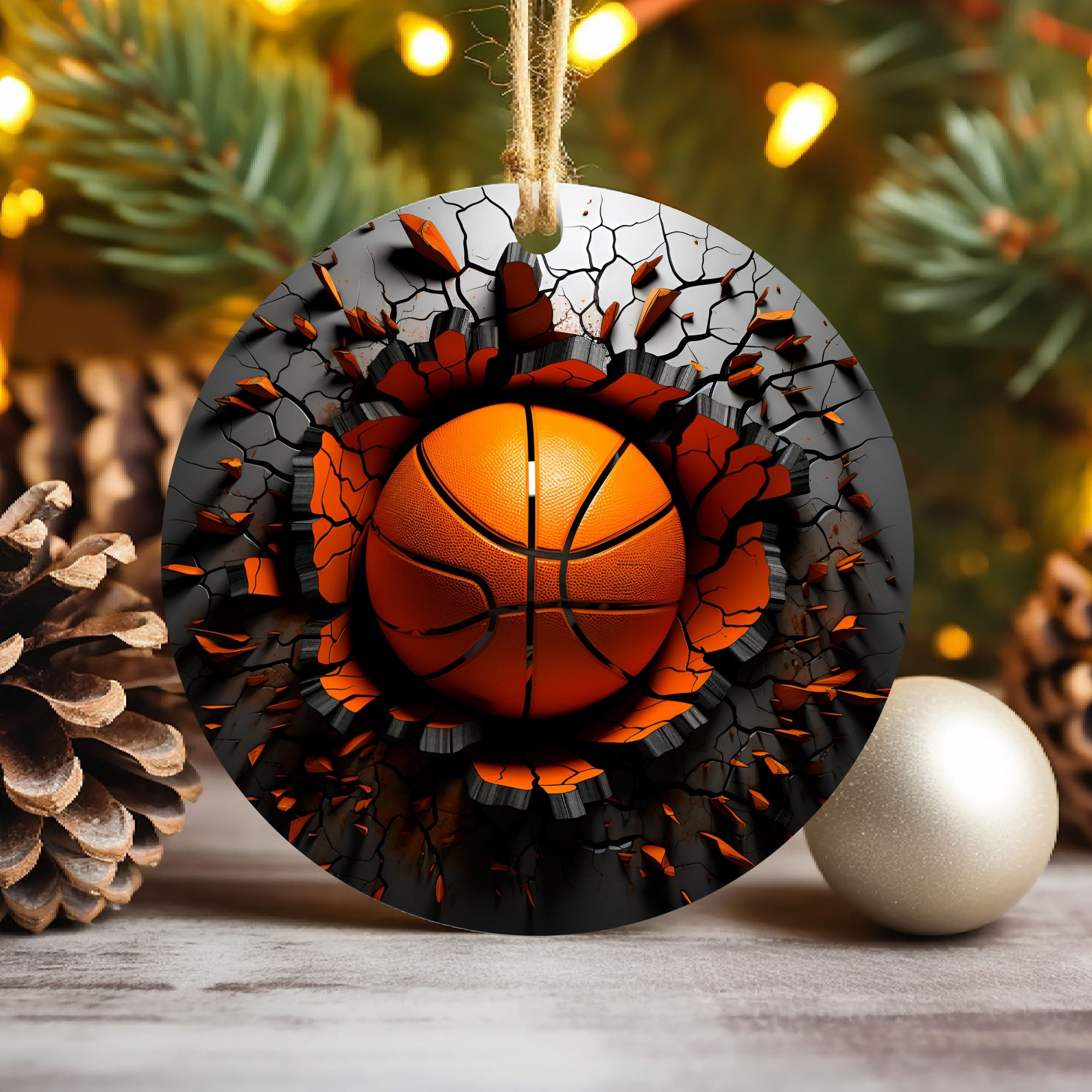 3D Basketball Break Through Christmas Ornament Sublimation , 300 Dpi, Round Sports Ornaments, Diy Xmas Tree Decoration, 