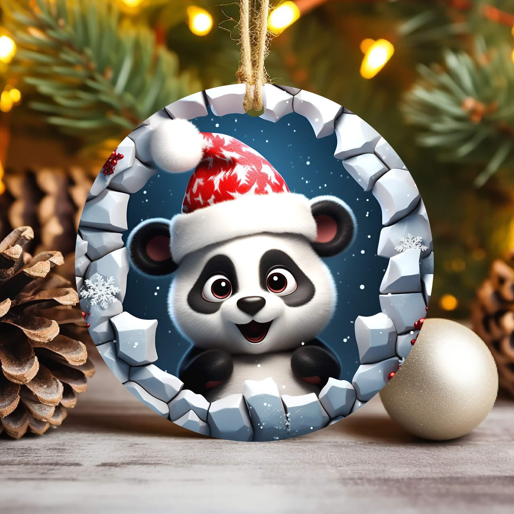 3D Panda Break Through Christmas Ornament Sublimation , 300 Dpi , Round Ornaments File, Xmas Tree Decorations