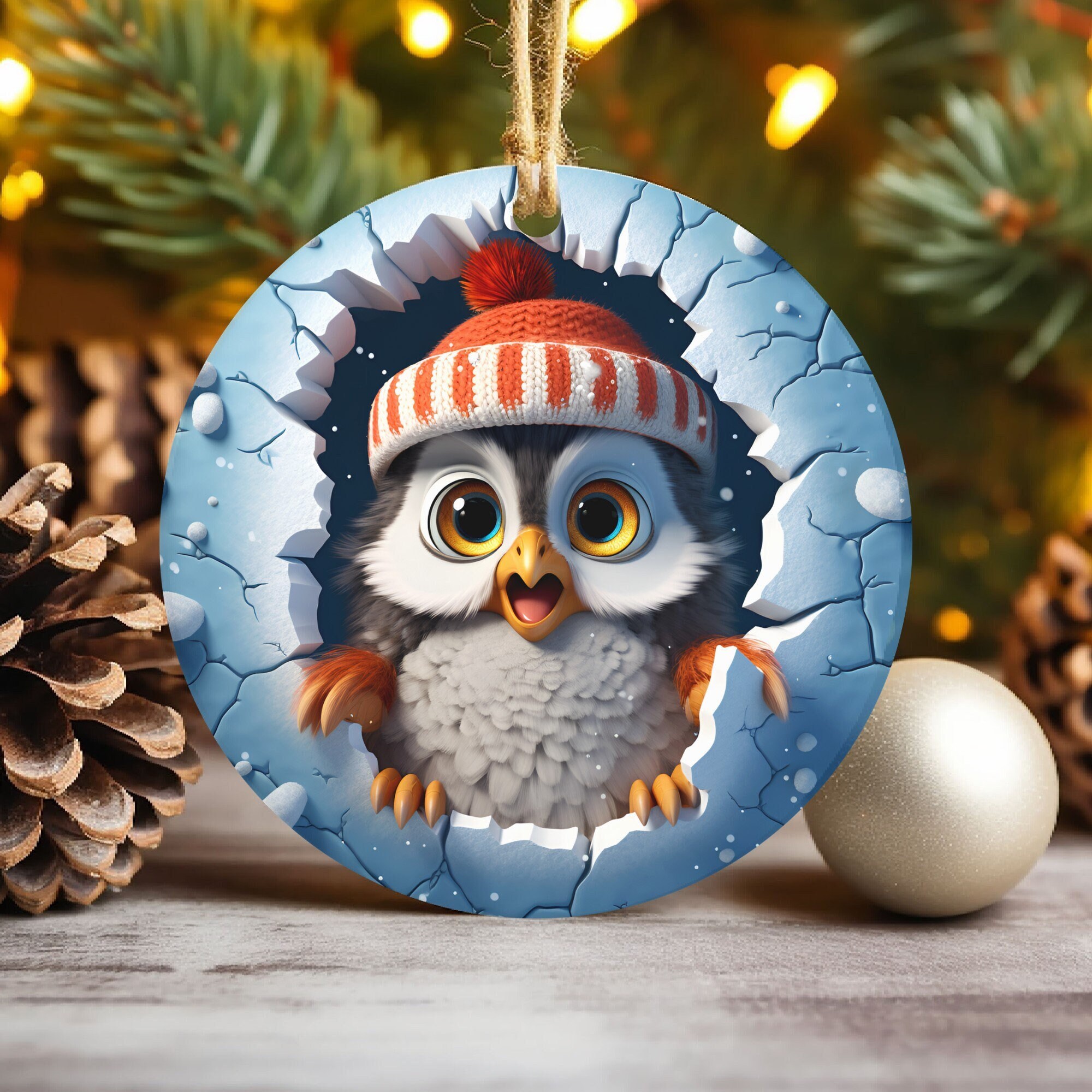 3D Owl Break Through Christmas Ornament Sublimation , 300 Dpi , Round Ornaments File, Xmas Tree Decorations