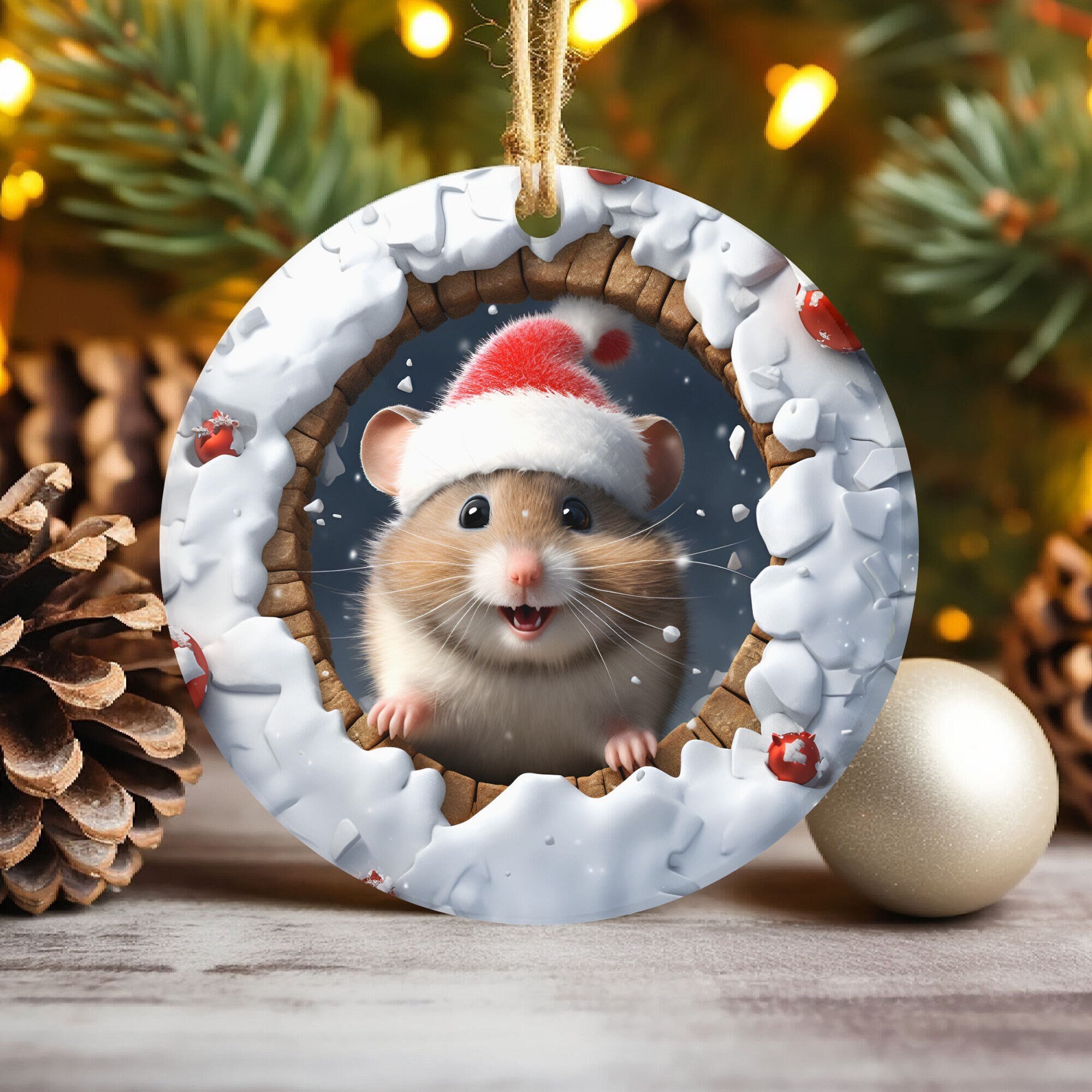 3D Hamster Break Through Christmas Ornament Sublimation , 300 Dpi, Round Animal Ornament, Xmas Decorations 