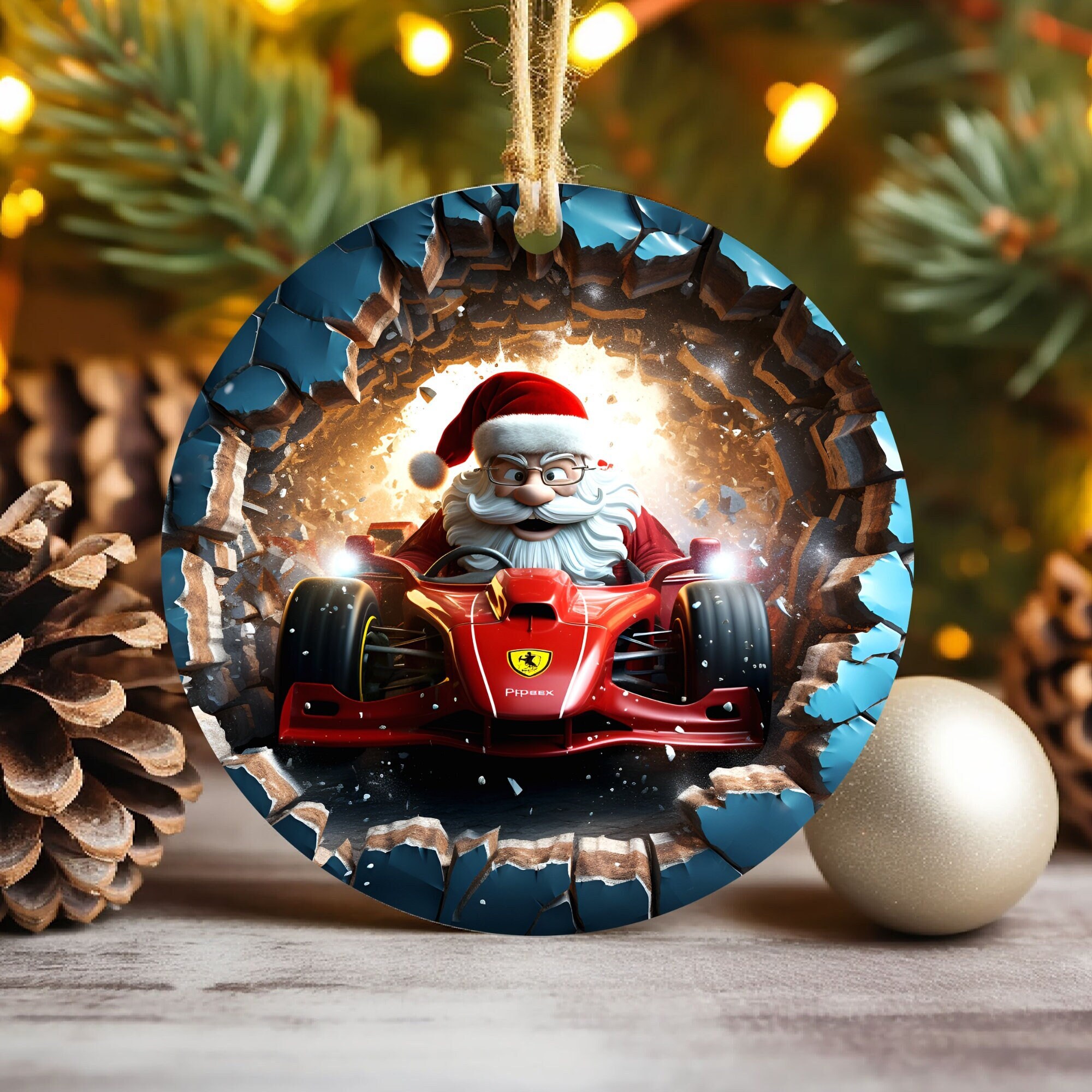 3D Santa Car Break Through Christmas Ornament Sublimation , 300 Dpi , Round Ornament File, Xmas Decoration