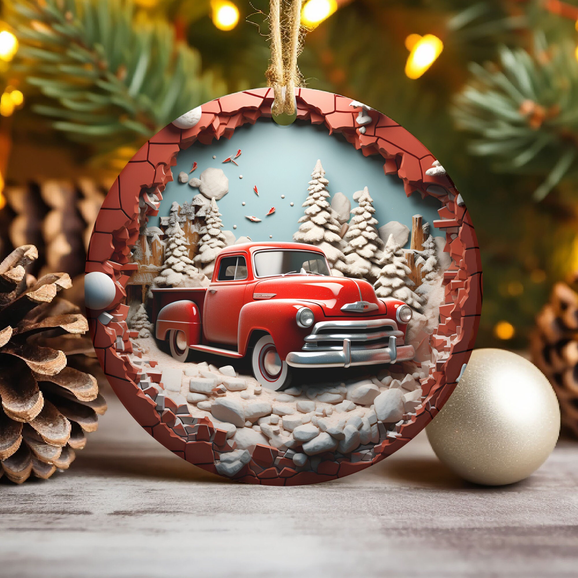 3D Red Truck Ornament Sublimation , Christmas Vintage Truck Round Ornament, Break Through , Farmhouse Ornament, 2 