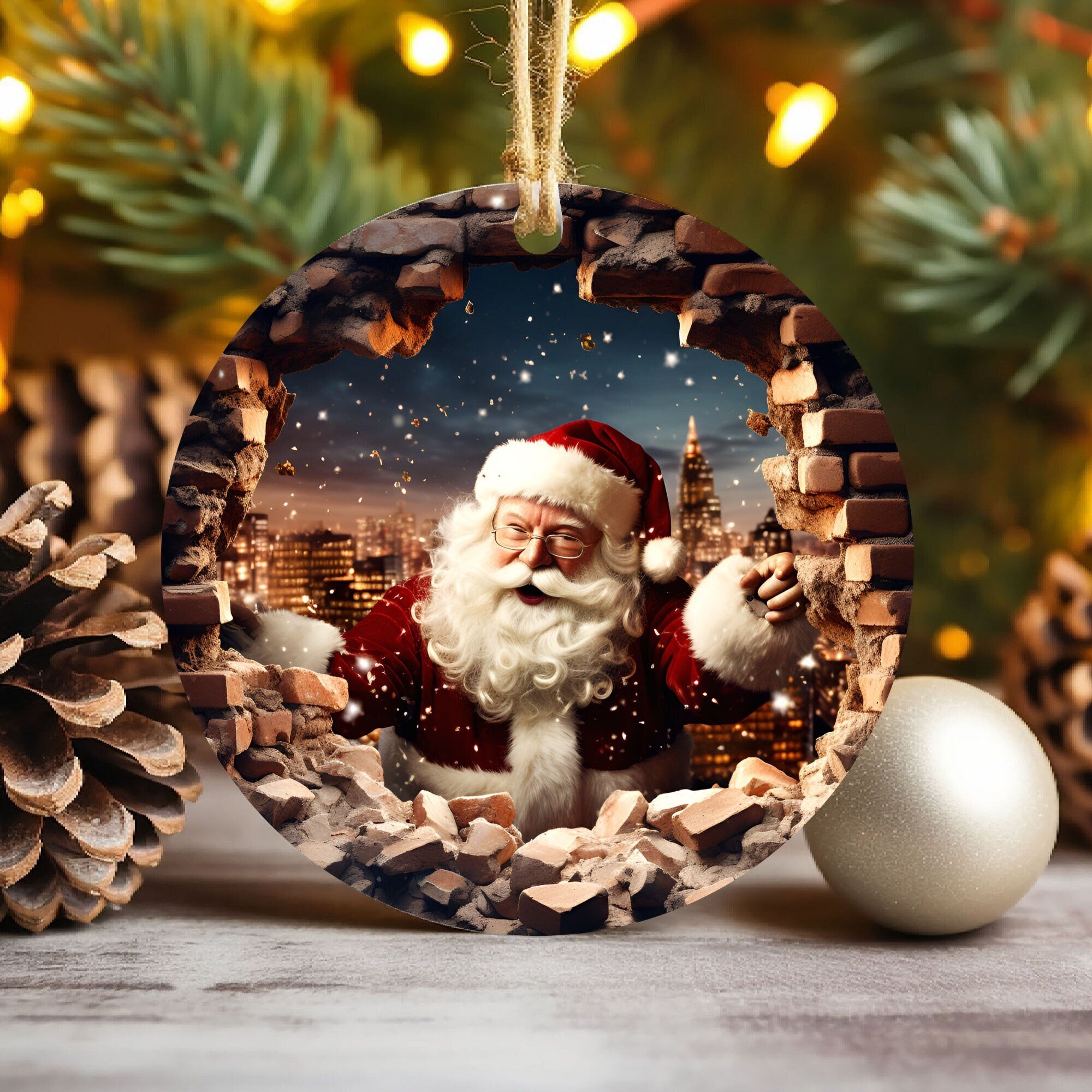 3D Santa Break Through Christmas Ornament Sublimation , 300 Dpi , Round Ornament File, Xmas Decoration
