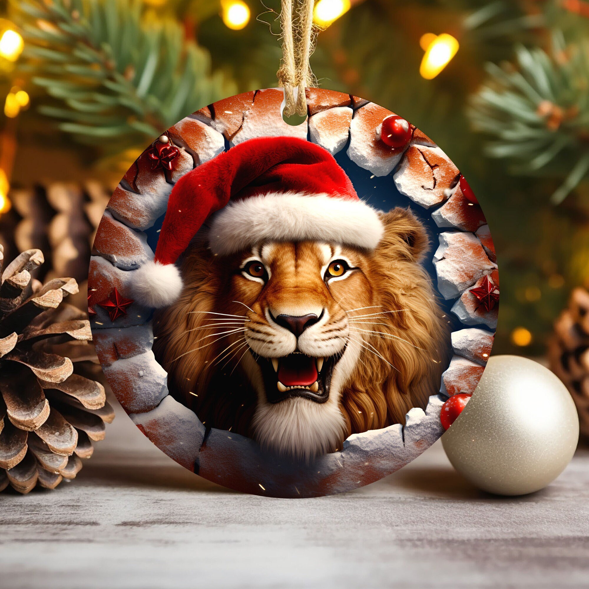 3D Lion Break Through Christmas Ornament Sublimation , 300 Dpi , Round Ornaments File, Xmas Tree Decorations