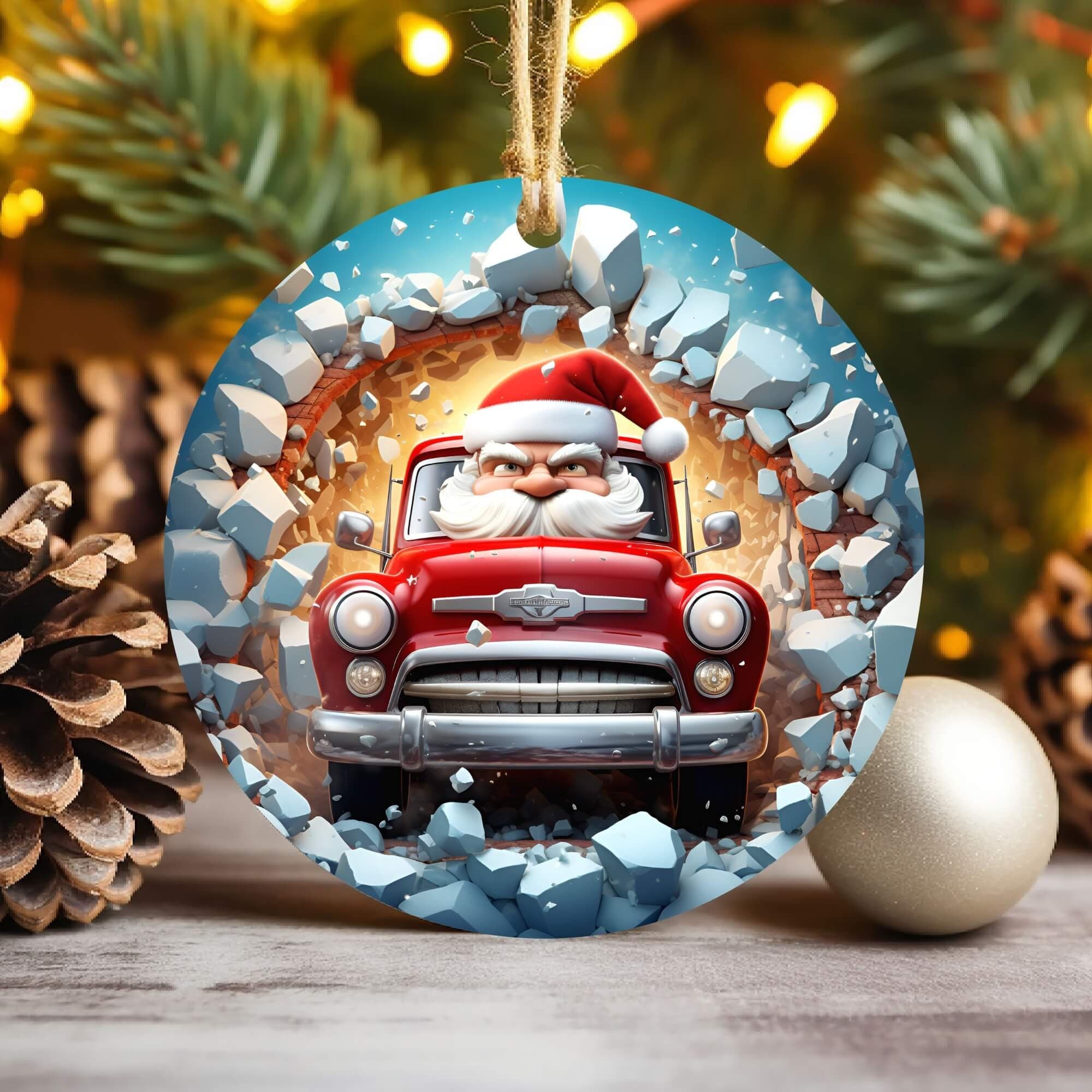 3D Santa Red Truck Breakthrough Christmas Ornament Sublimation , 300 Dpi , Round Ornaments File, Diy Xmas Decor