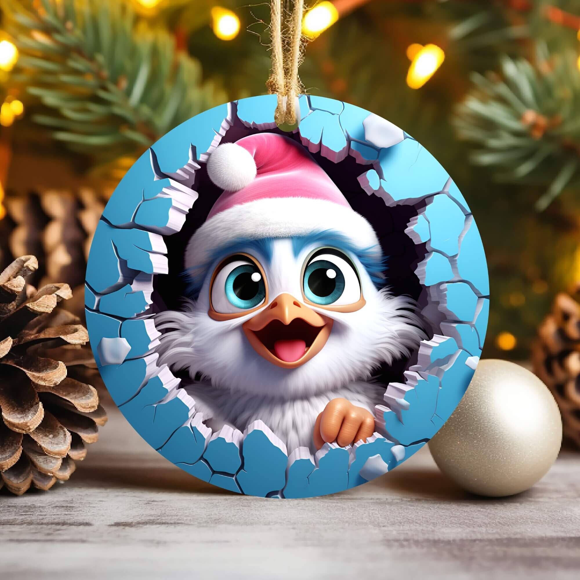 3D Chick Break Through Christmas Ornament Sublimation , 300 Dpi , Round Ornaments File, Xmas Decorations 2024