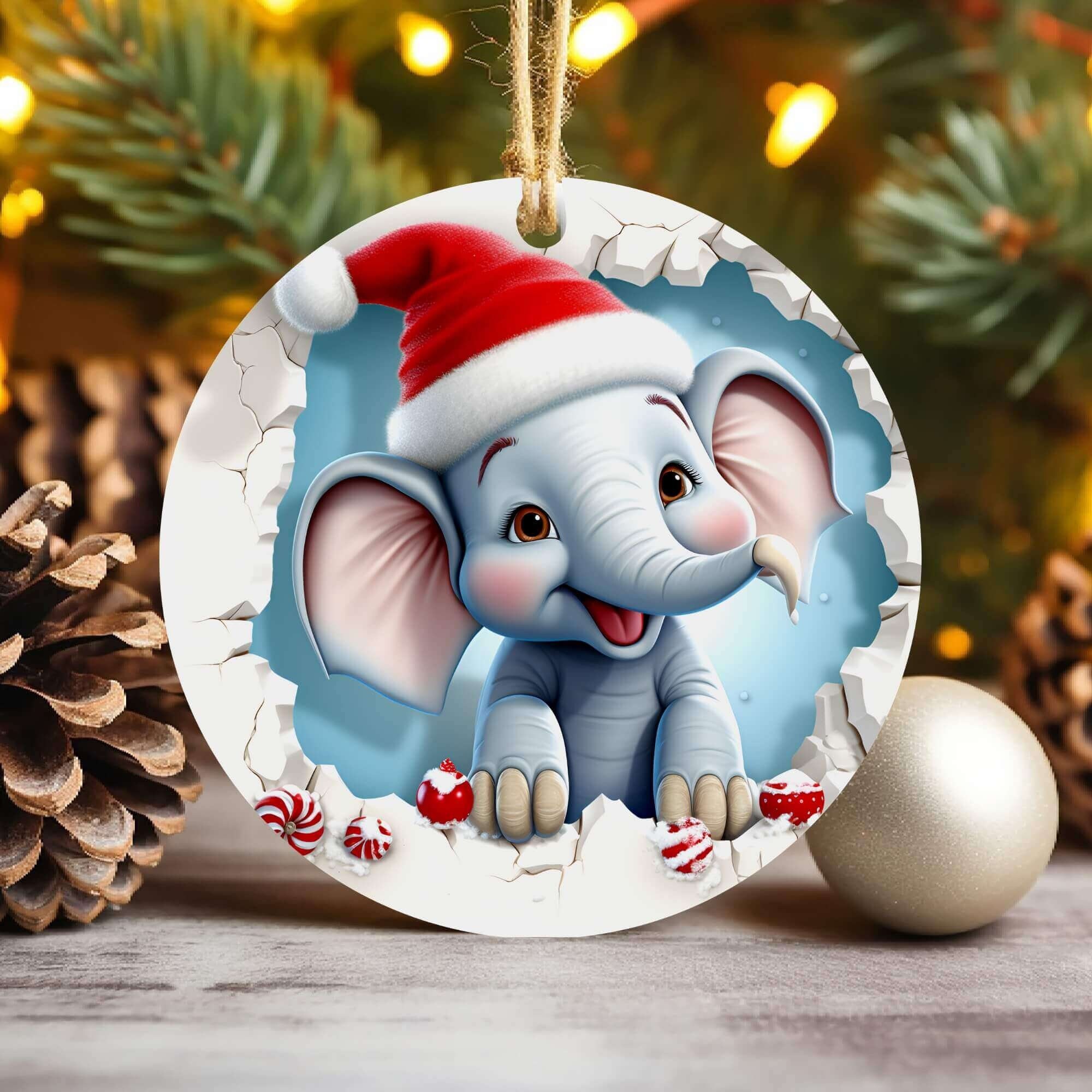 3D Elephant Break Through Christmas Ornament Sublimation , 300 Dpi , Round Ornaments File, Xmas Decorations 2024