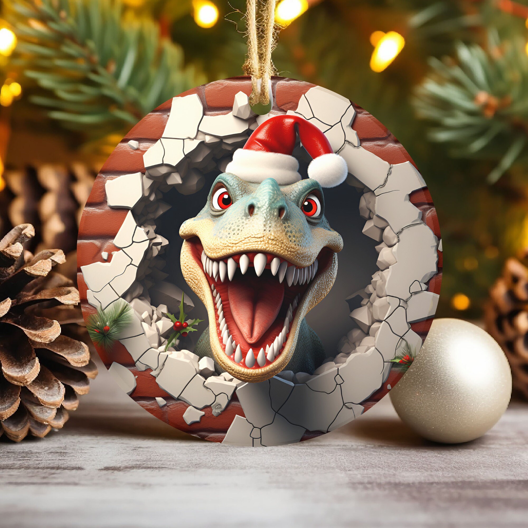 3D Dinosaur Break Through Christmas Ornament Sublimation  , Round Animal Ornaments File, Xmas Tree Decorations
