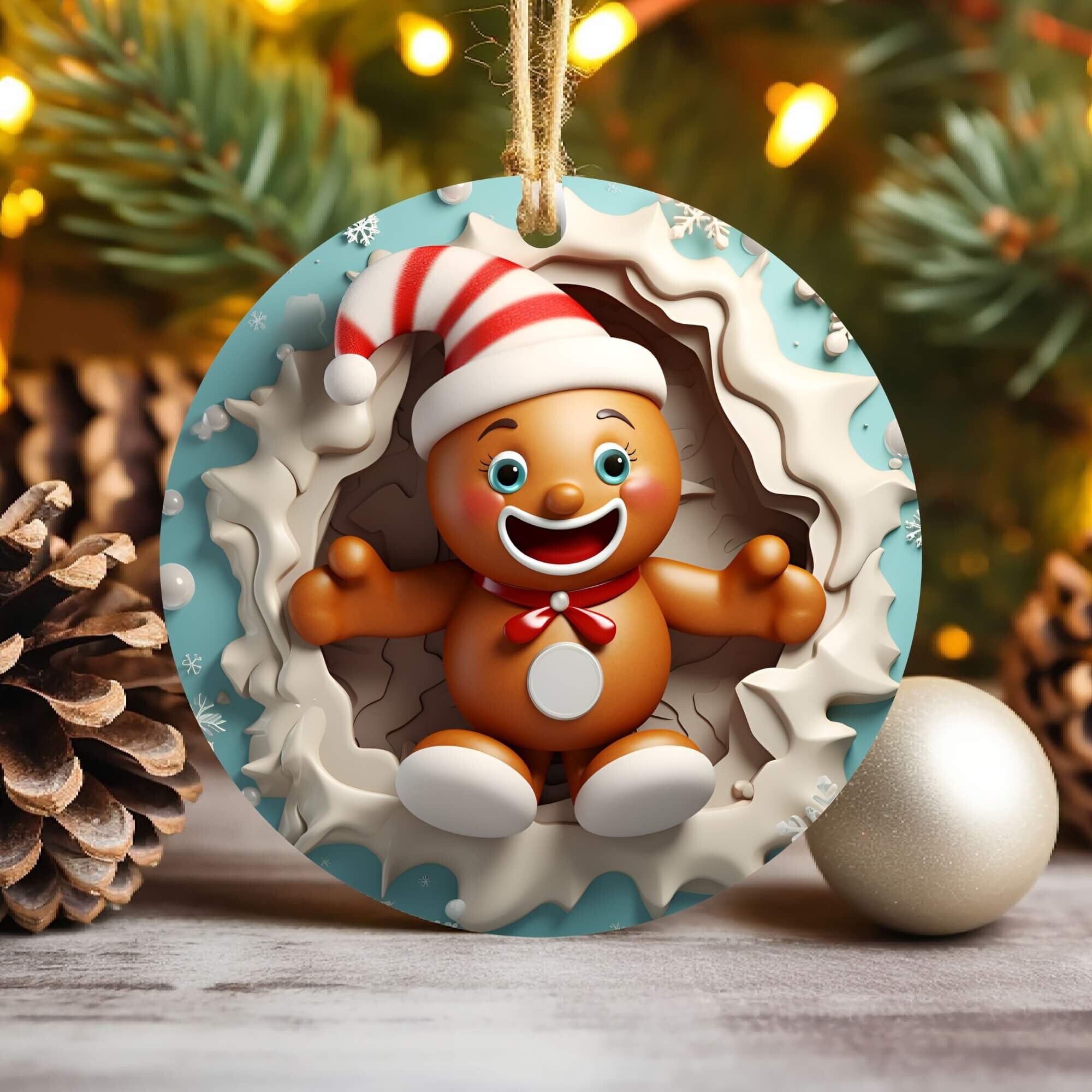 3D Gingerbread Break Through Christmas Ornament Sublimation , 300 Dpi , Round Ornaments