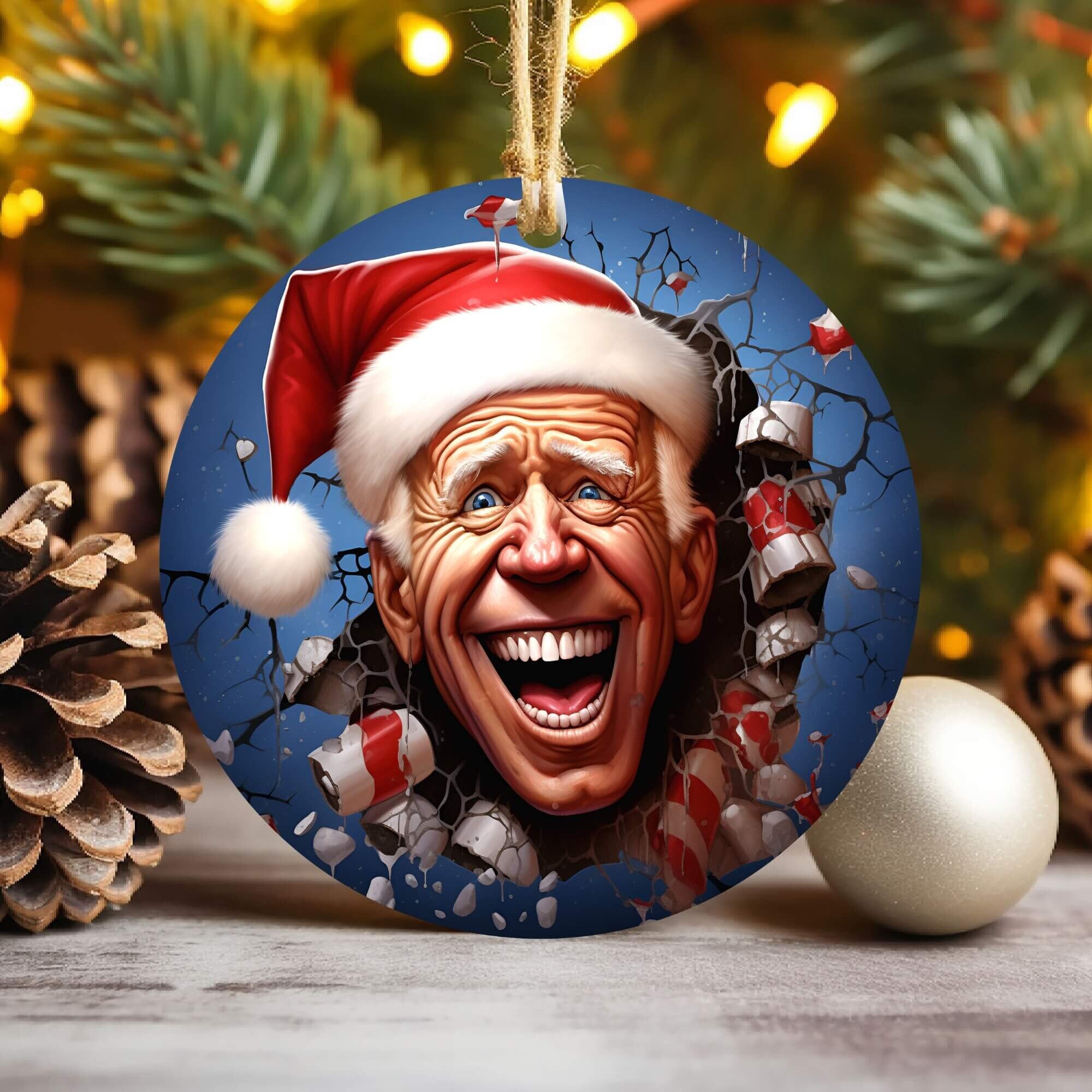 3D Santa Biden Christmas Ornament Sublimation , Break Through Design Round Ornament , Diy Xmas Ornament 