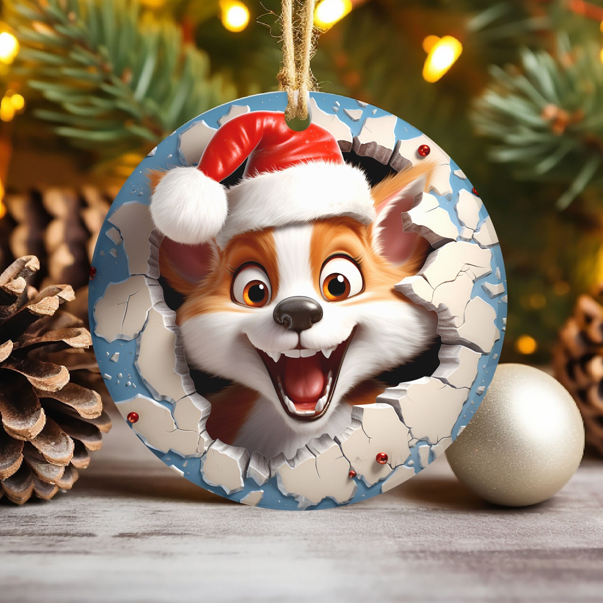 3D Fox Break Through Christmas Ornament Sublimation , 300 Dpi , Round Ornaments File, Xmas Tree Decorations