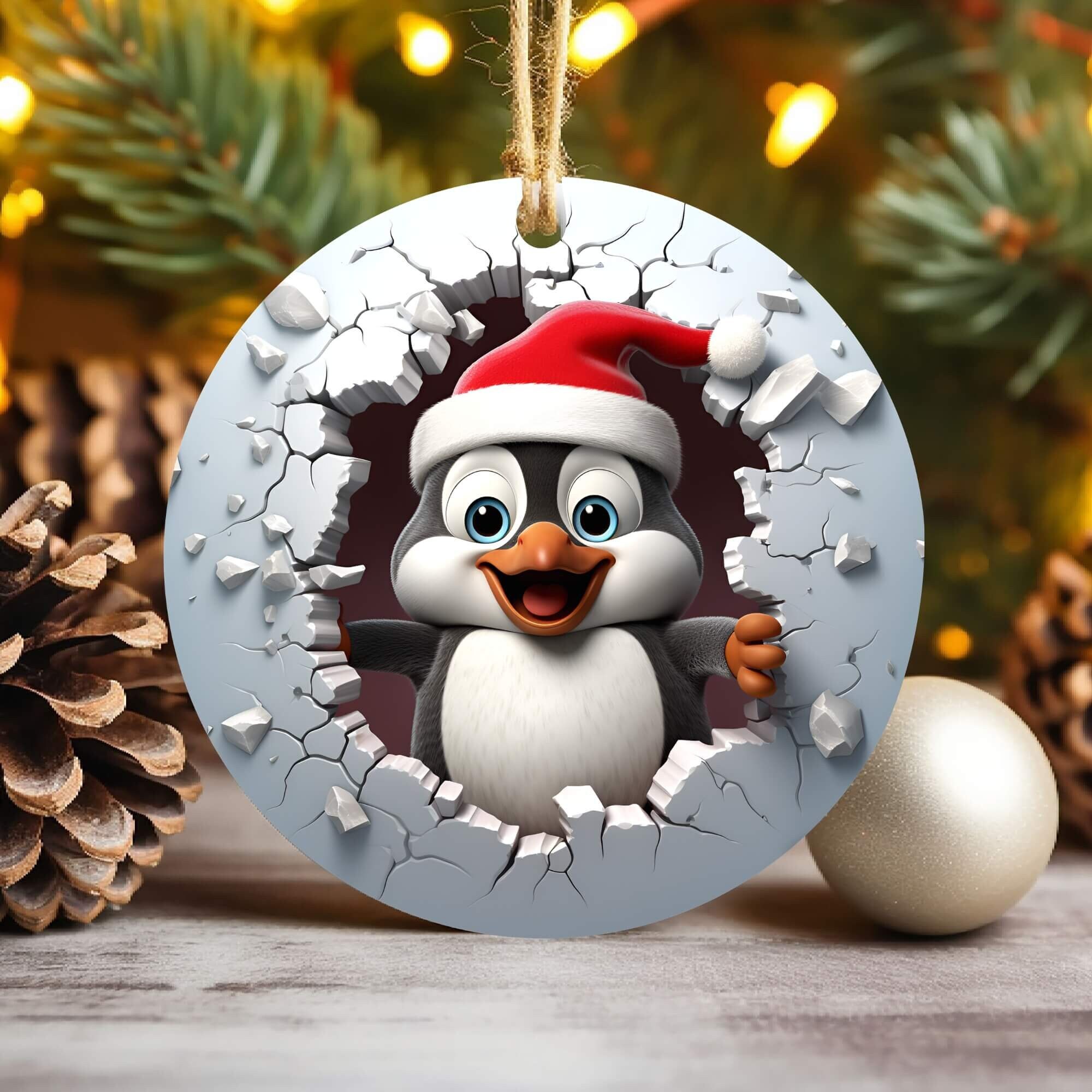 3D Penguin Break Through Christmas Ornament Sublimation , 300 Dpi , Round Ornaments File, Xmas Decorations 2024