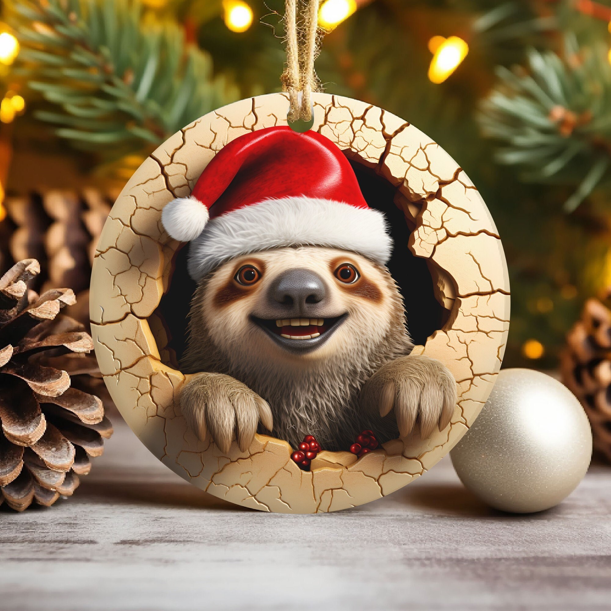 3D Santa Sloth Break Through Christmas Ornament Sublimation , 3D Animal Ornament, Round Ornament Xmas Tree Decorations, 