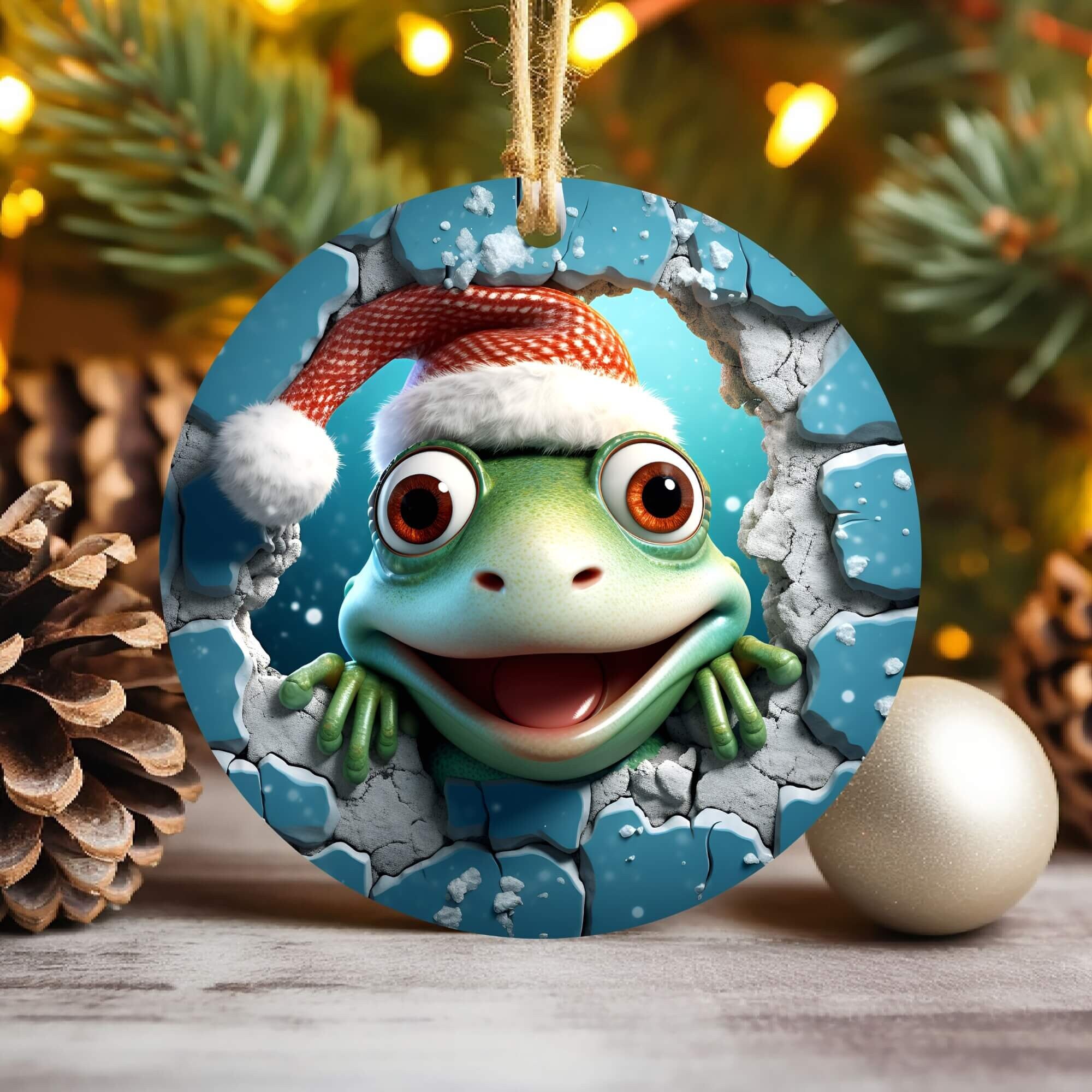 3D Frog Break Through Christmas Ornament Sublimation , 300 Dpi , Round Ornaments File, Xmas Decorations 2024