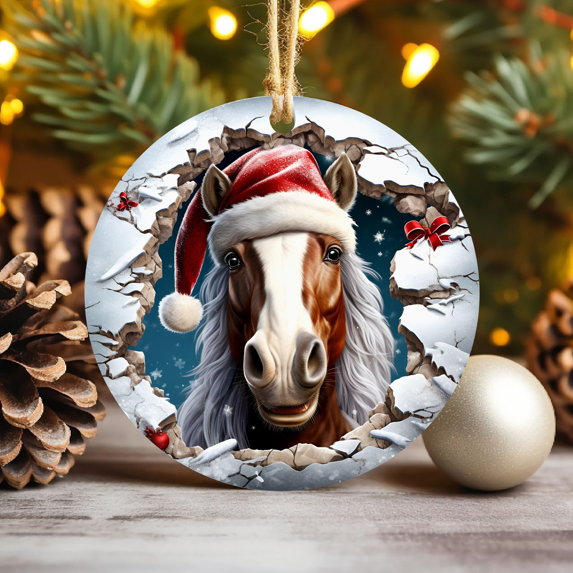 3D Horse Christmas Ornament Sublimation , 300 Dpi, Break Through Round Ornaments File, Xmas Tree Decorations 