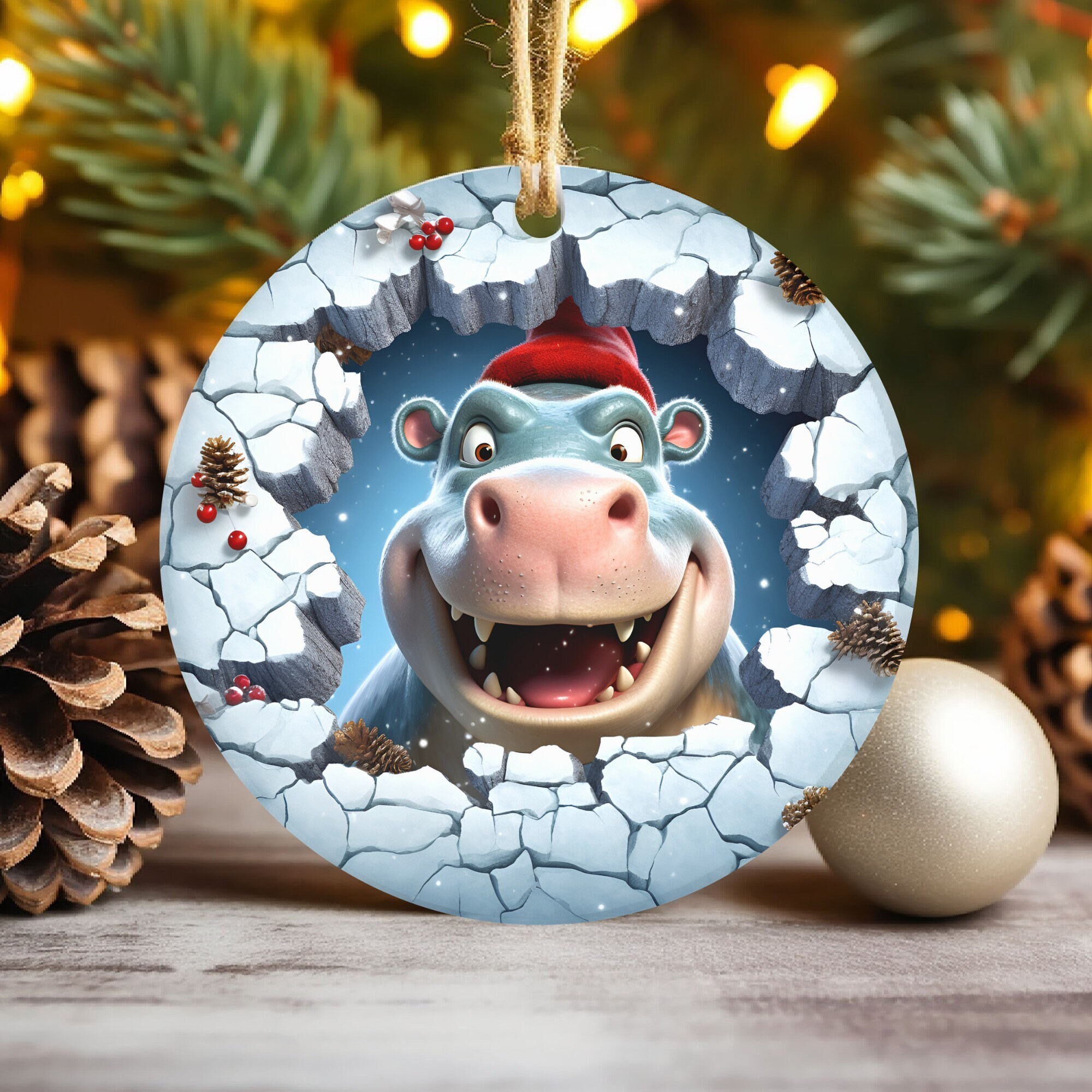3D Hippopotamus Break Through Christmas Ornament Sublimation  , Round Animal Ornaments, Xmas Tree Decorations