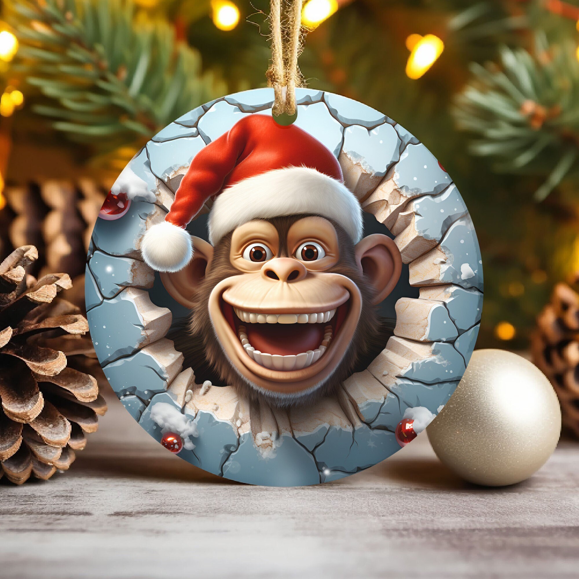 3D Monkey Break Through Christmas Ornament Sublimation , 300 Dpi , Round Ornaments File, Xmas Decorations 2024