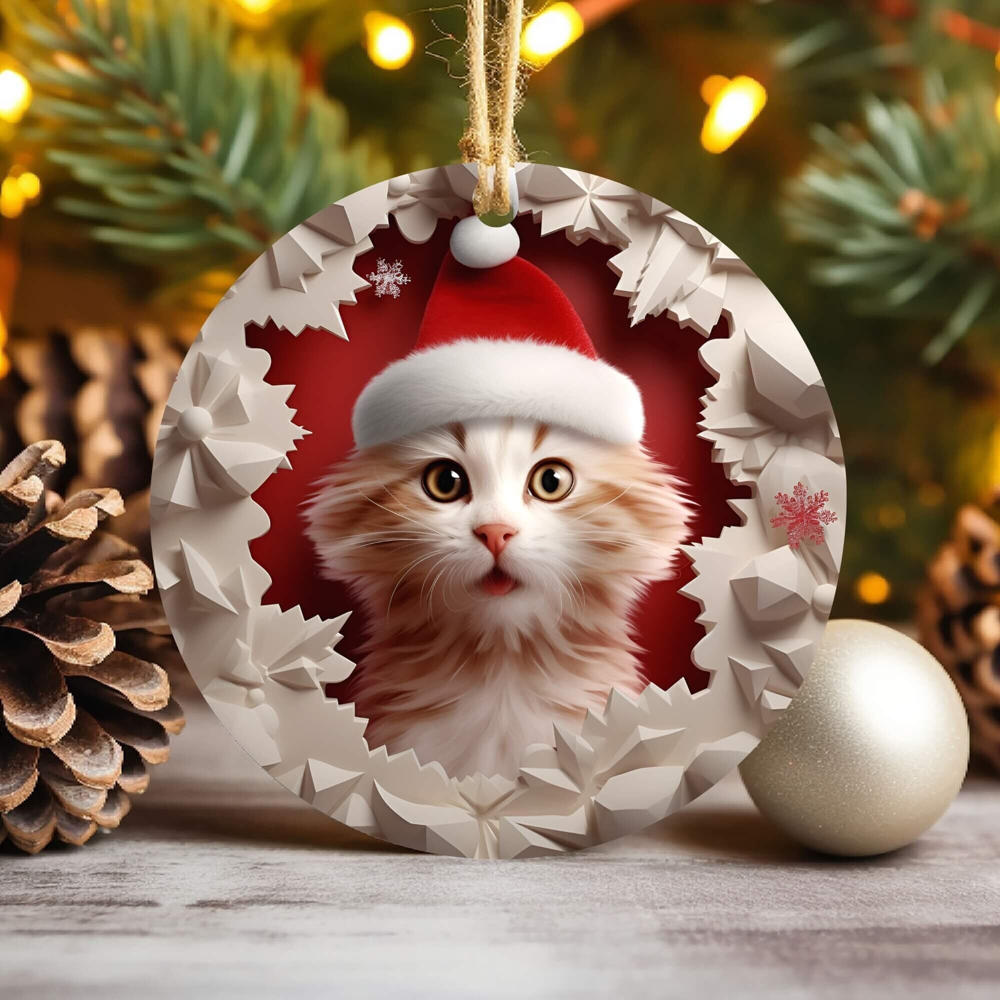 3D Kitten Christmas Ornament Sublimation , 300 Dpi , Round Ornaments File, Diy Xmas Tree Decorations 2024
