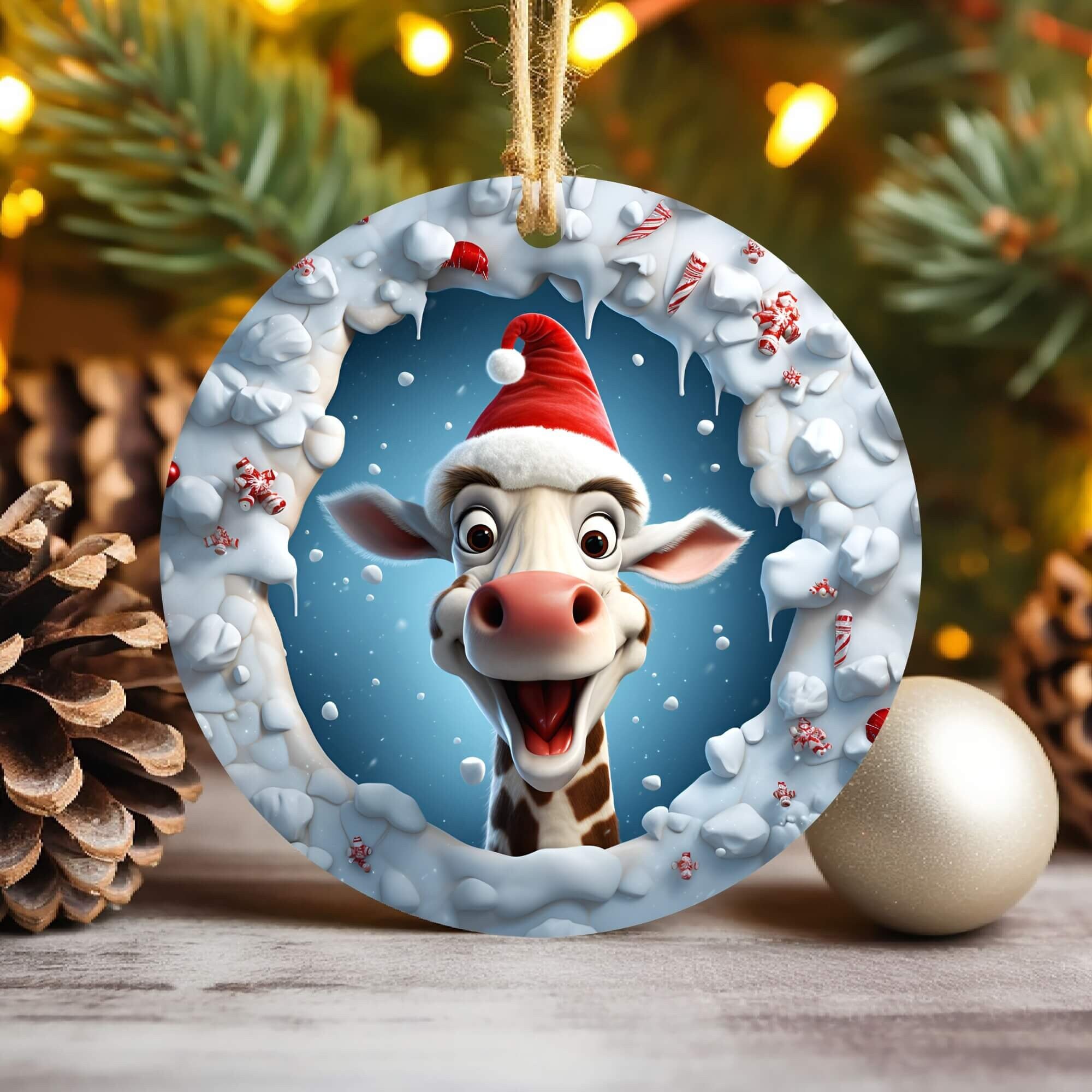 3D Giraffe Break Through Christmas Ornament Sublimation , 300 Dpi , Round Ornaments File, Xmas Decorations 2024