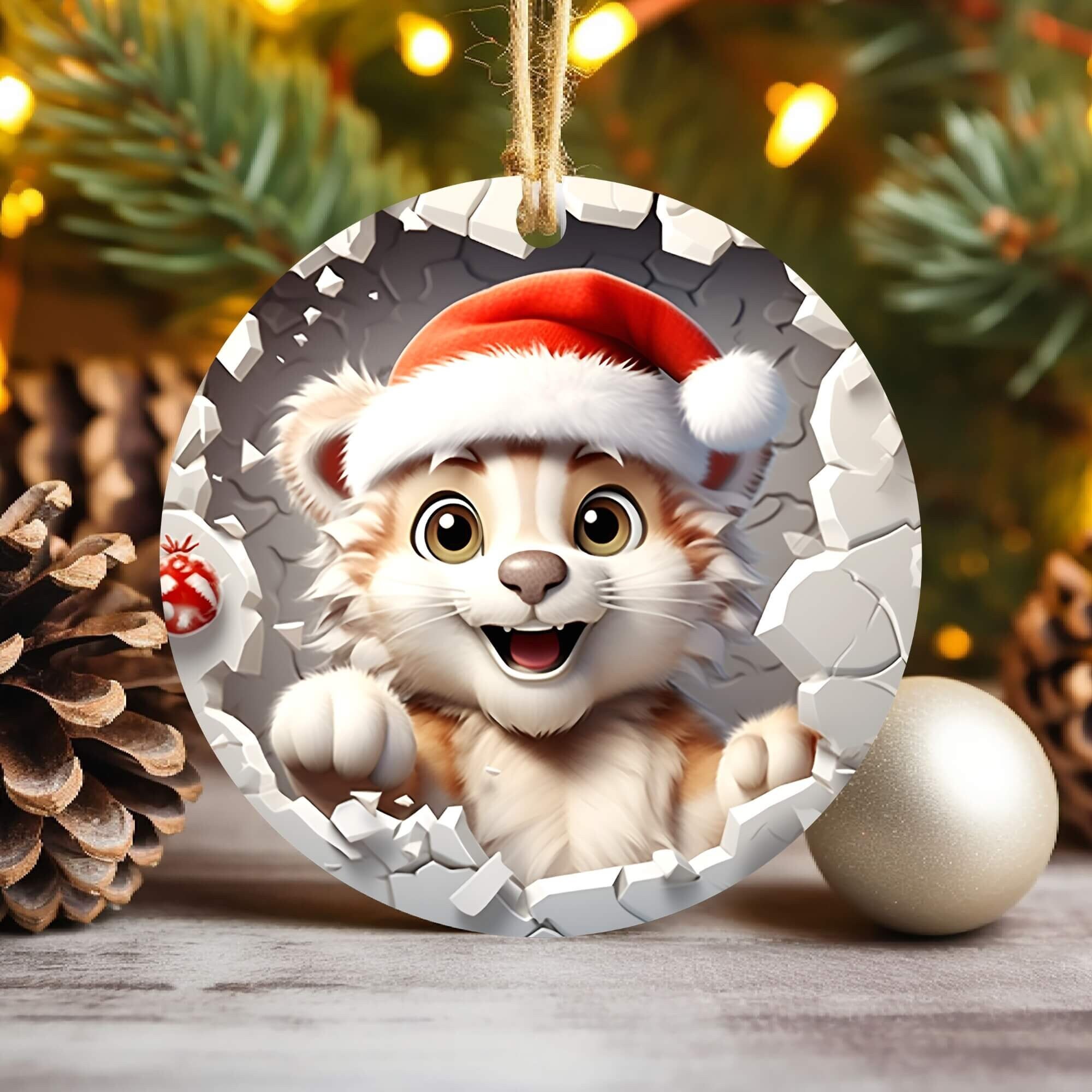 3D Baby Lion Christmas Ornament Sublimation , Break Through Design Round Ornament , Diy Xmas Ornament 