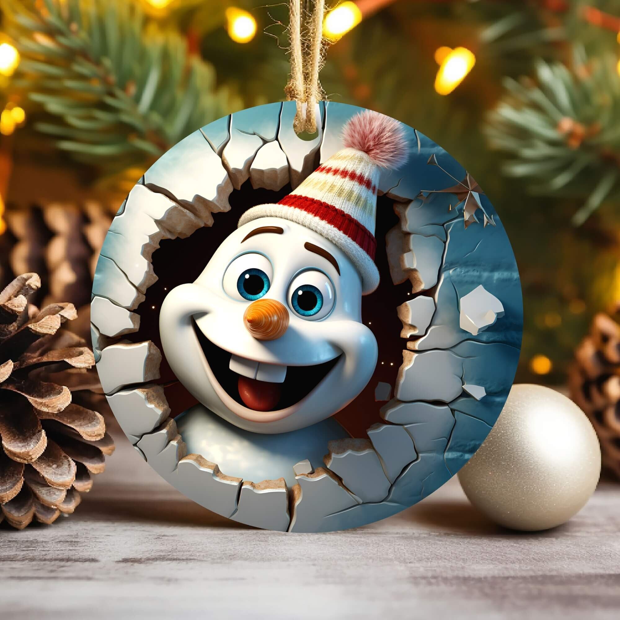 3D Snowman Break Through Christmas Ornament Sublimation , 300 Dpi , Round Ornaments File
