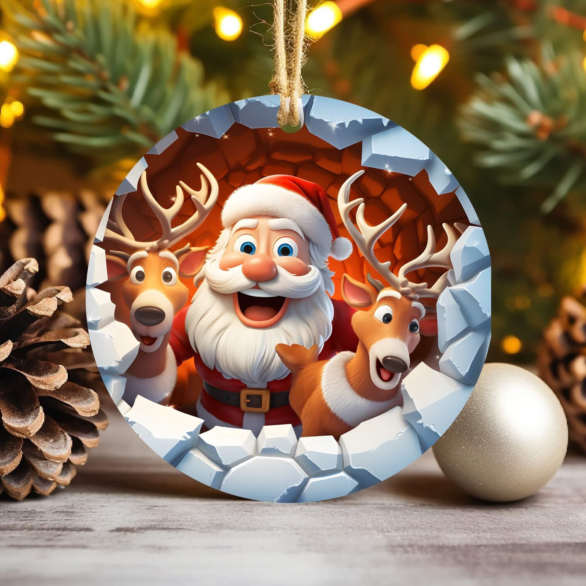 3D Santa Reindeer Break Through Christmas Ornament Sublimation , 300 Dpi , Round Ornaments, Xmas Decoration 2024