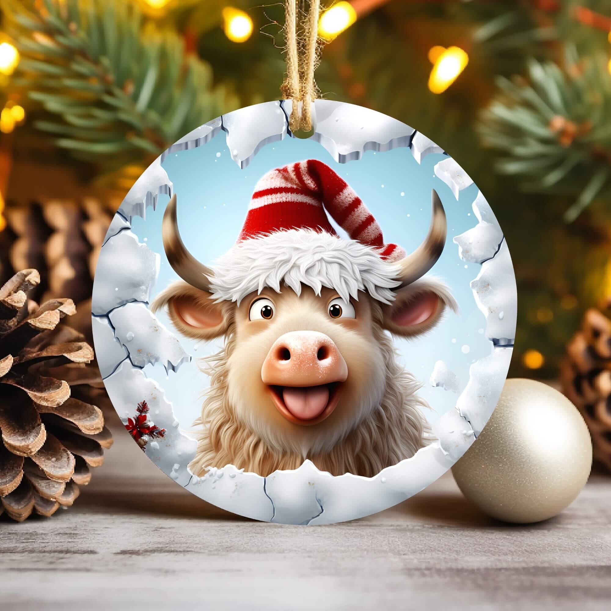 3D Highland Cow Break Through Christmas Ornament Sublimation , 300 Dpi , Round Ornaments File, Xmas Decorations