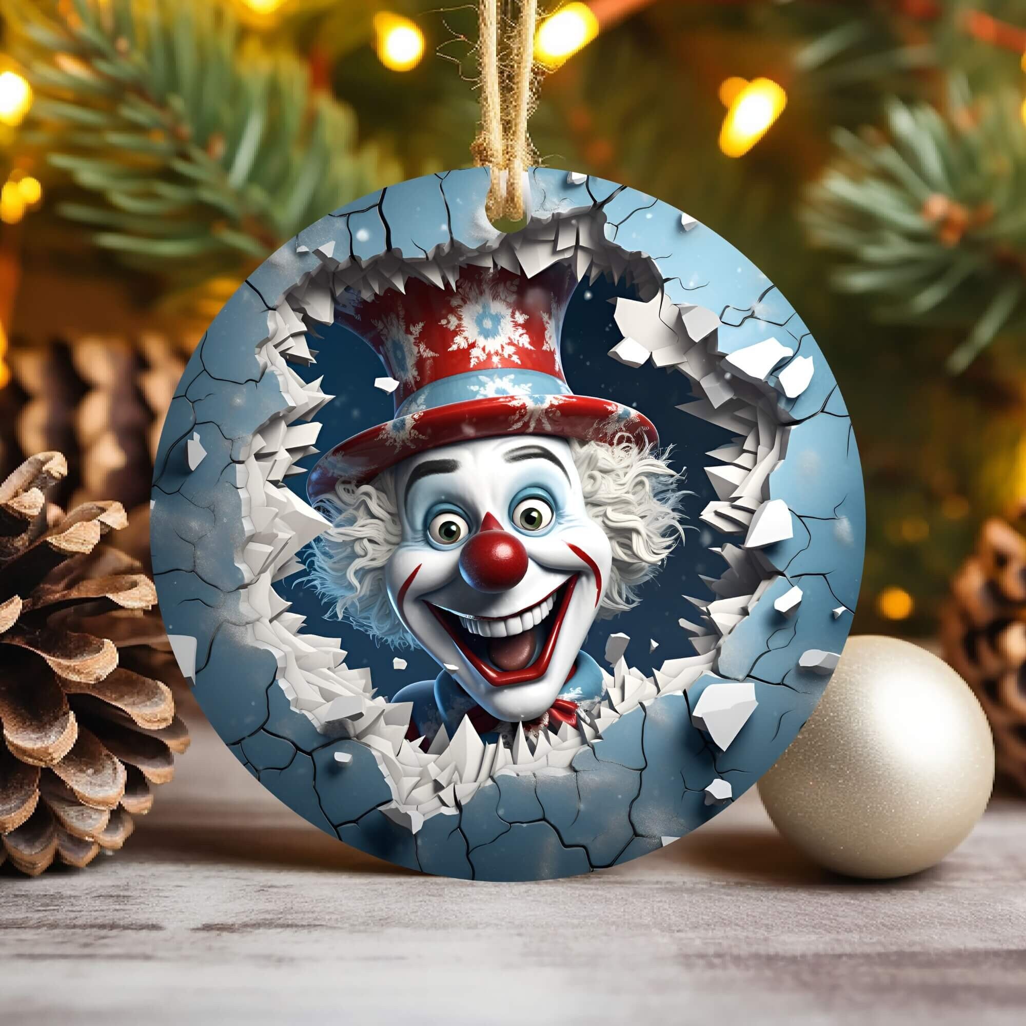 3D Clown Christmas Ornament Sublimation , Break Through Design Round Ornament , Diy Xmas Ornament 