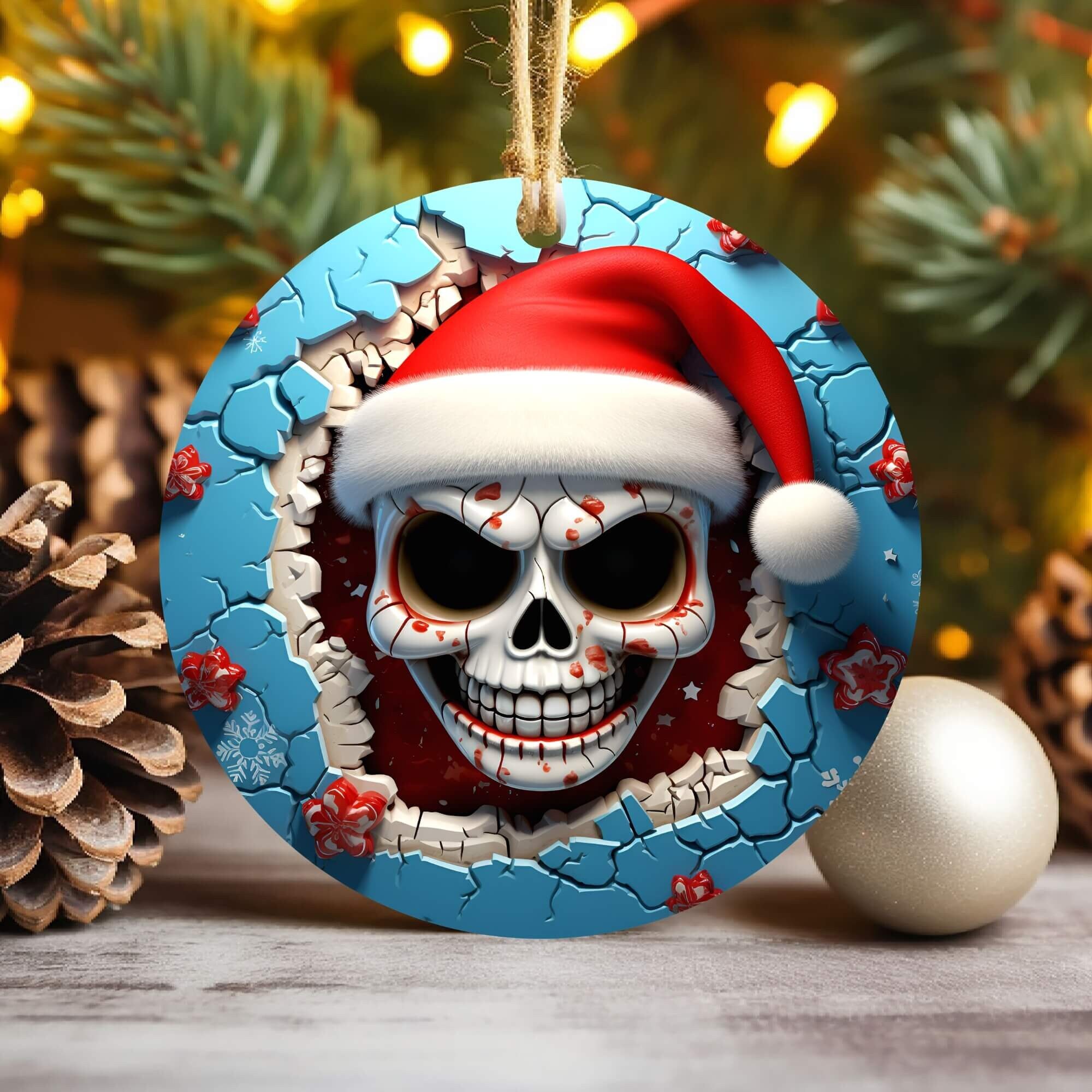 3D Santa Skull Christmas Ornament Sublimation , Break Through Design Round Ornament , Diy Xmas Ornament 