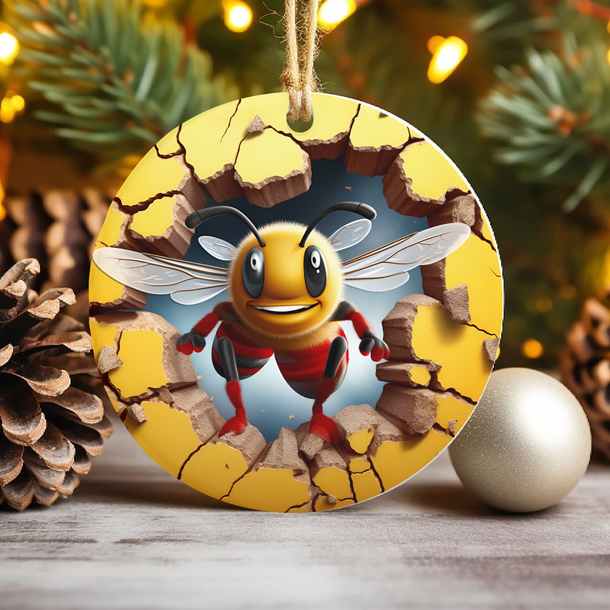 3D Bee Break Through Christmas Ornament Sublimation , 3D Animal Ornament, Round Ornament Xmas Tree Decorations 
