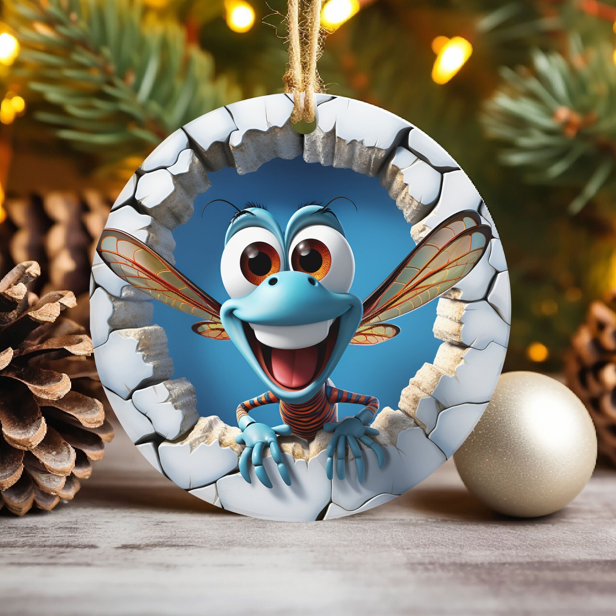 3D Dragonfly Break Through Christmas Ornament Sublimation , Round Animal Ornaments File , Xmas Tree Decorations